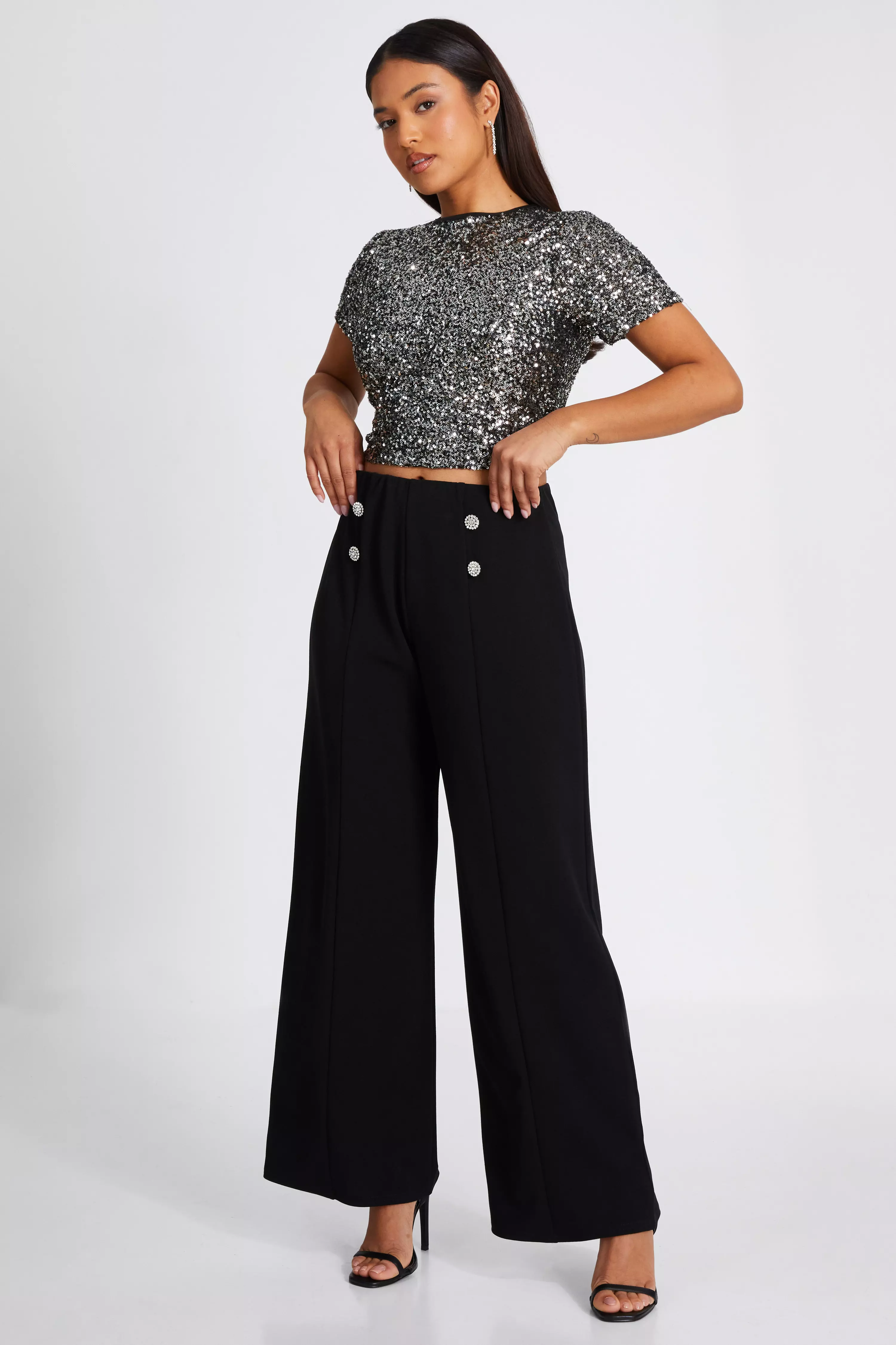 Petite Black Diamante Button Palazzo Trousers