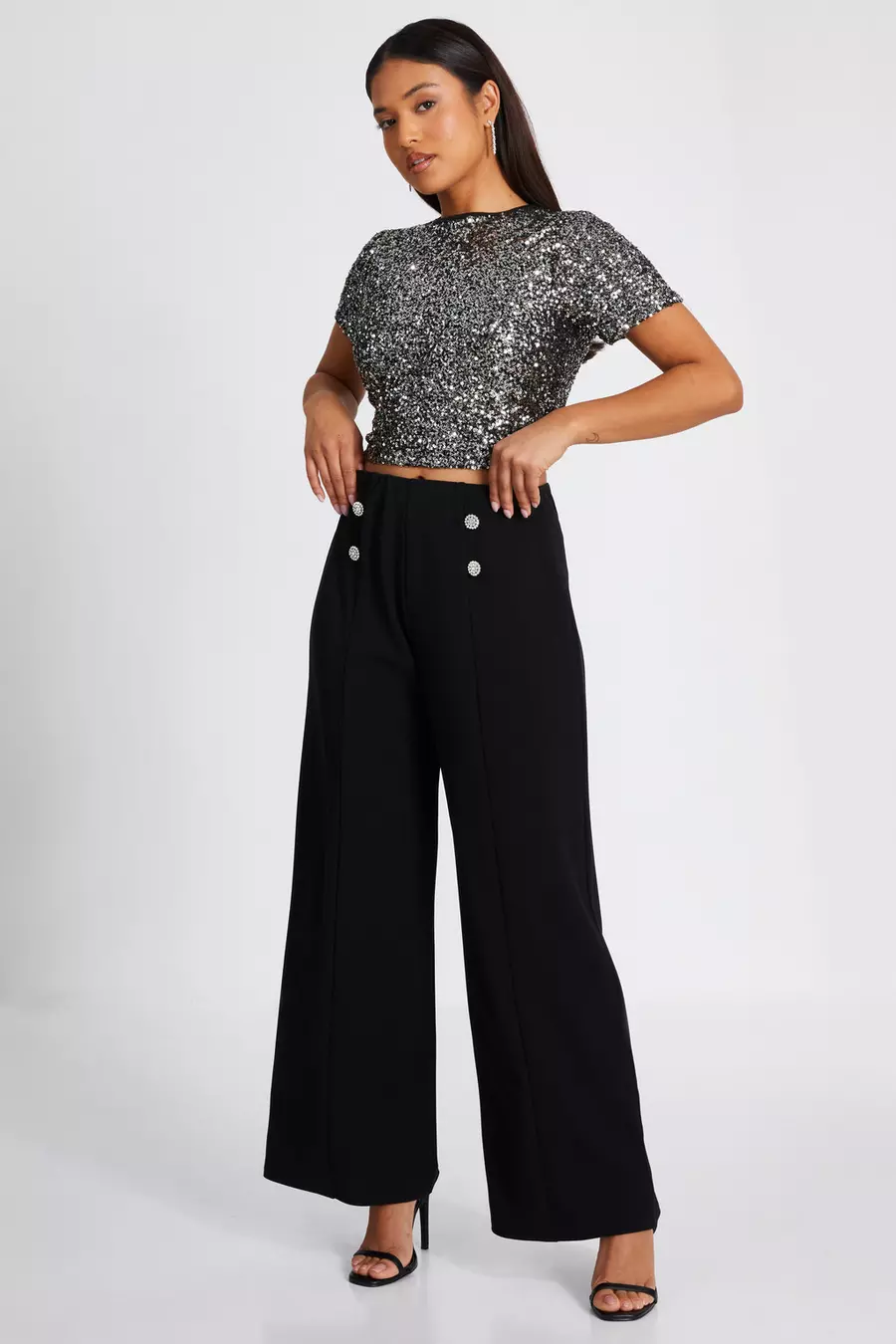 Petite Black Diamante Button Palazzo Trousers QUIZ Clothing