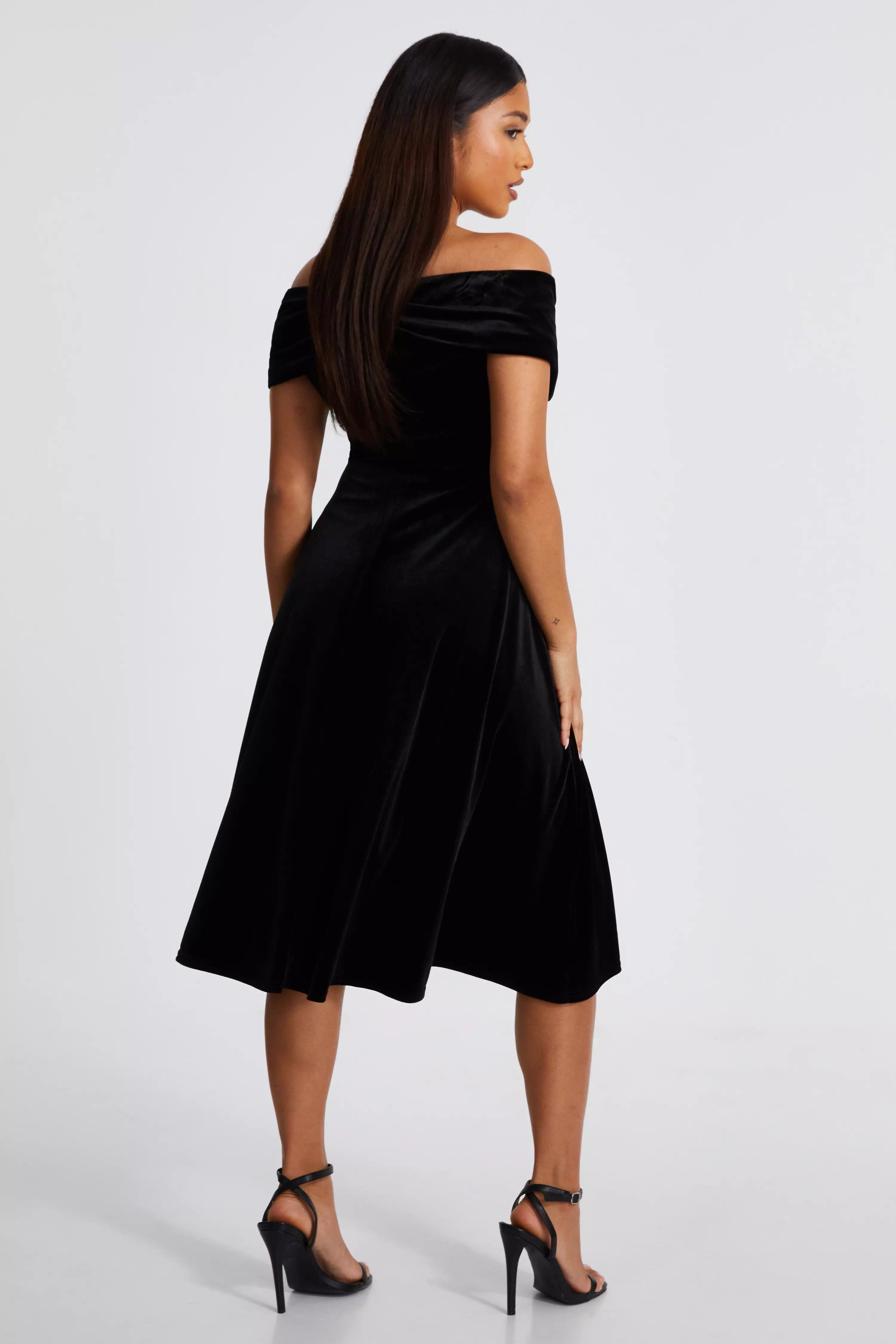 Petite Black Velvet Bardot Midi Dress