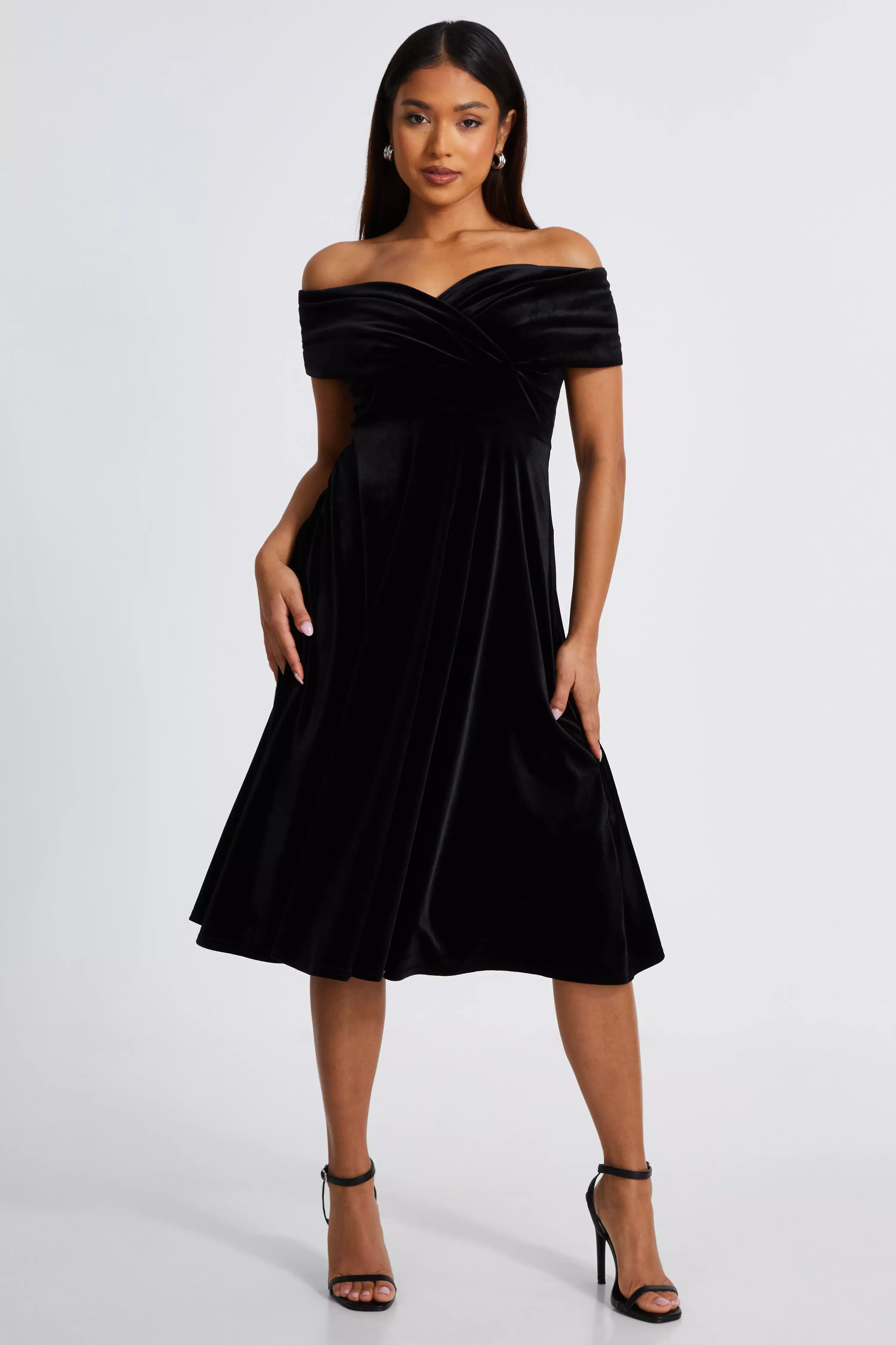 Petite Black Velvet Bardot Midi Dress