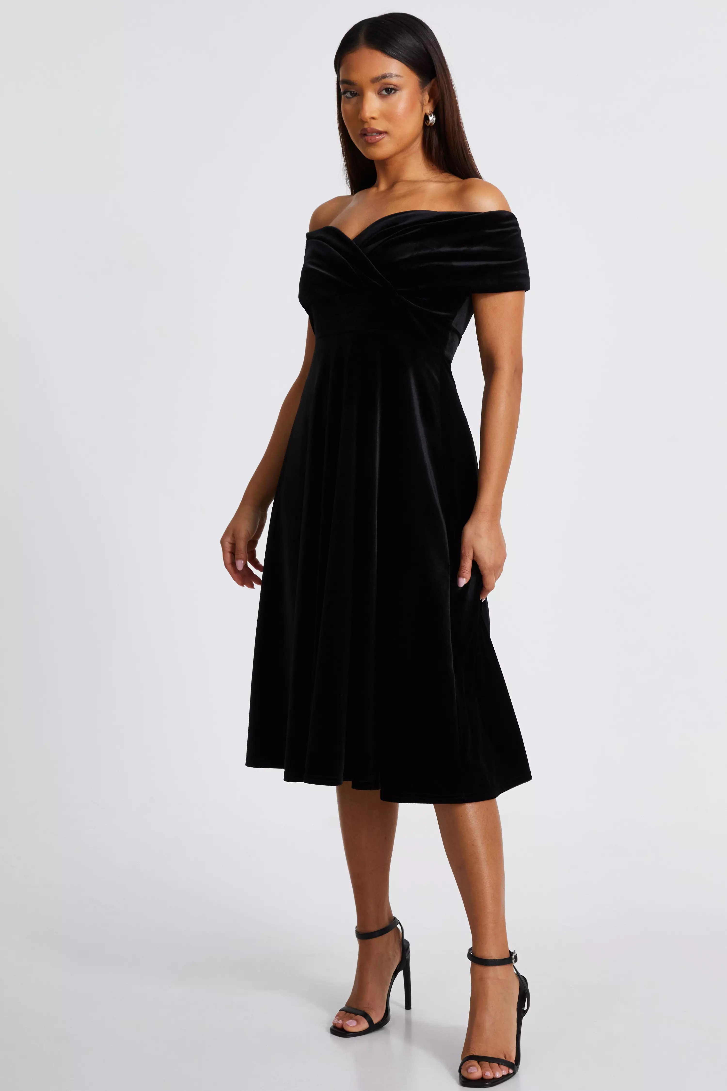 Petite Black Velvet Bardot Midi Dress