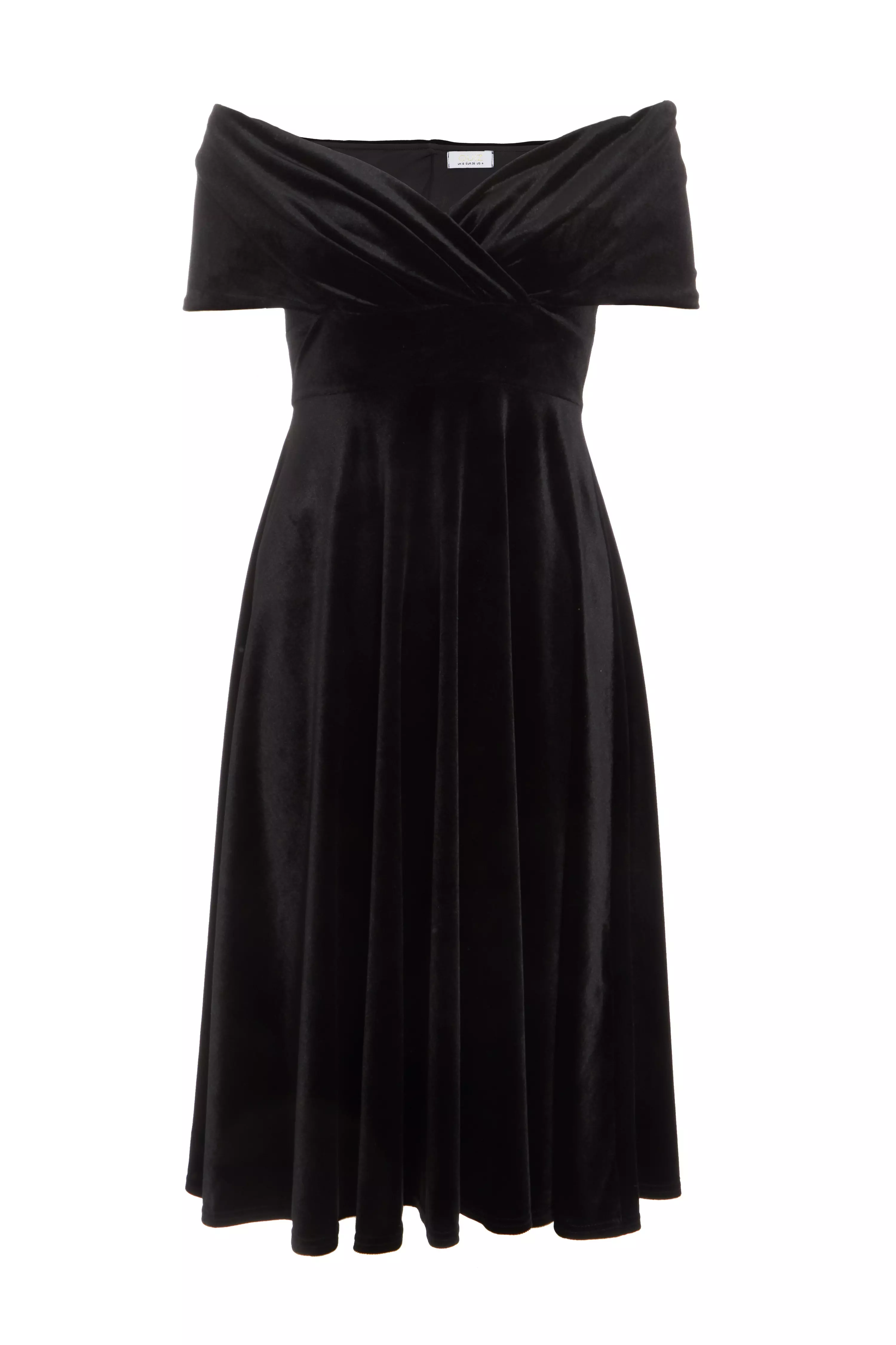 Petite Black Velvet Bardot Midi Dress