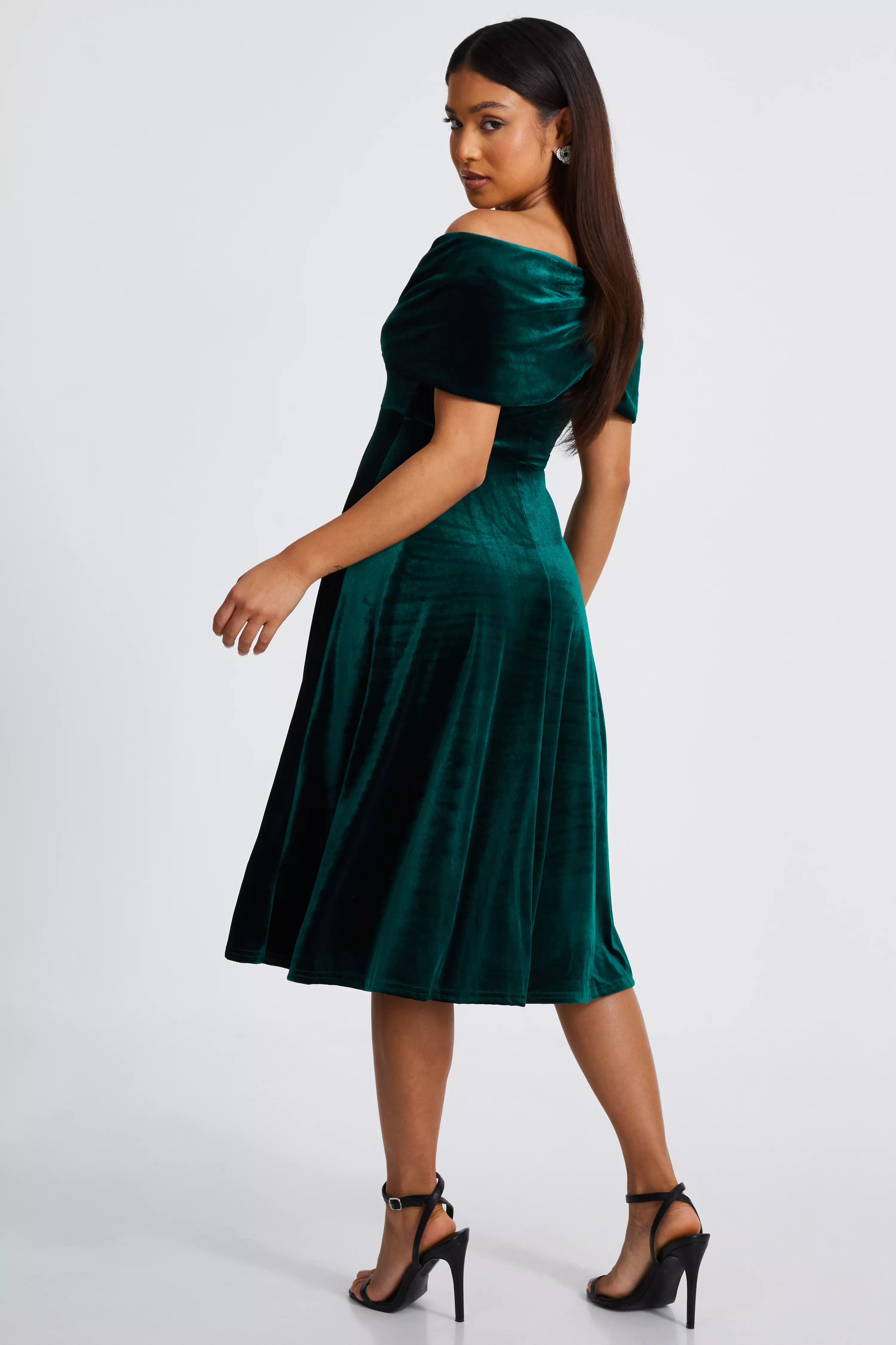 Petite Bottle Green Velvet Bardot Midi Dress