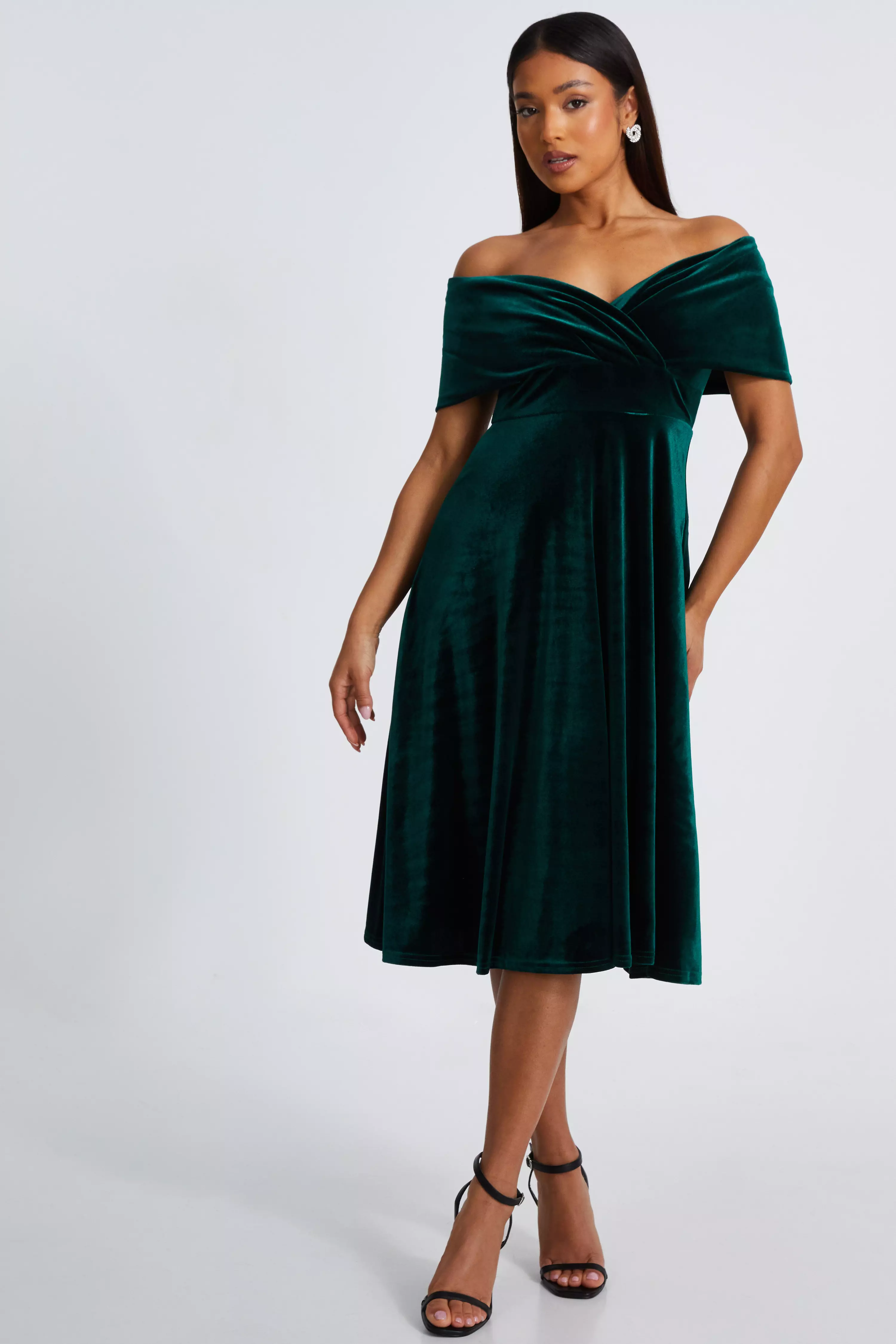 Petite Bottle Green Velvet Bardot Midi Dress