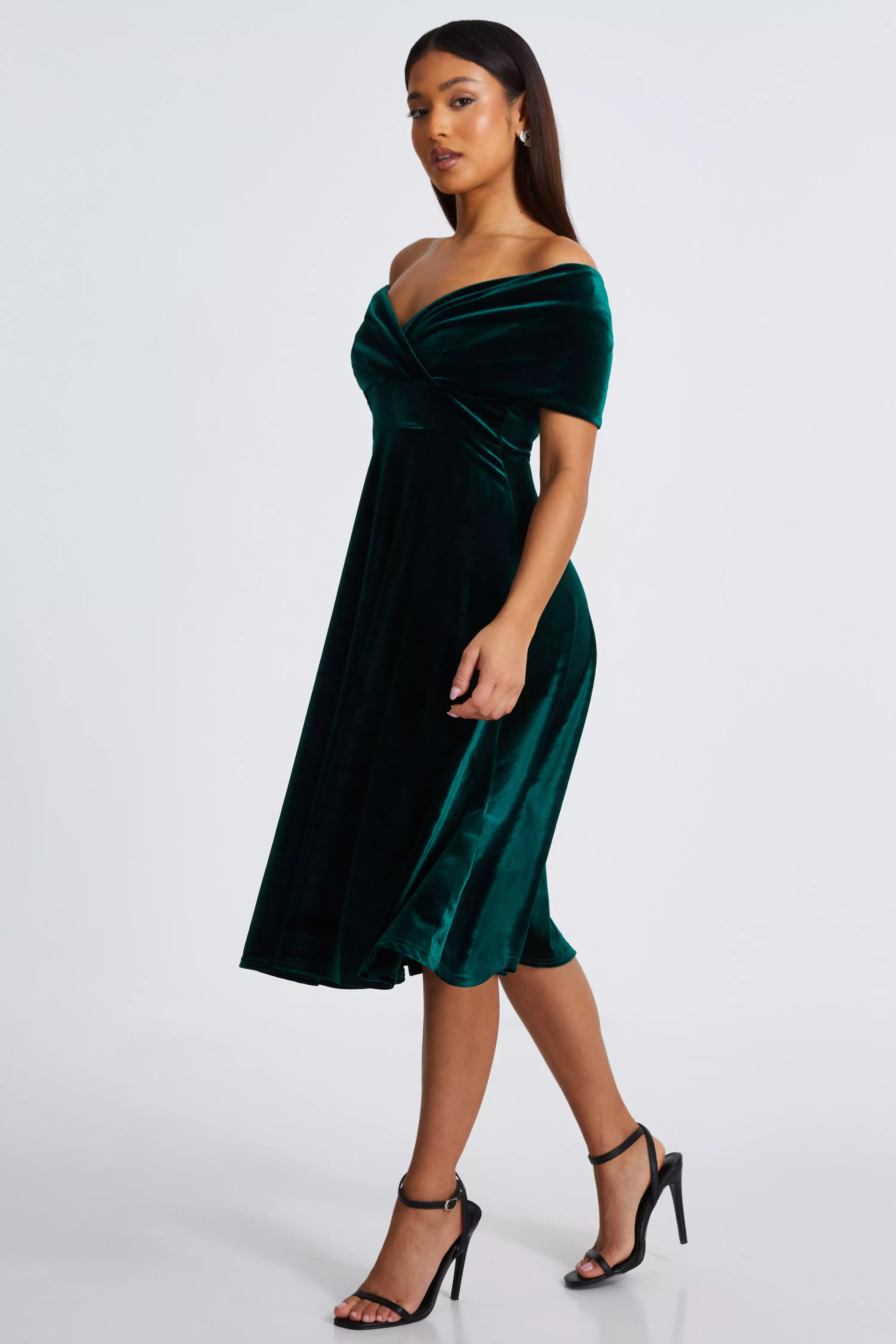 Petite Bottle Green Velvet Bardot Midi Dress