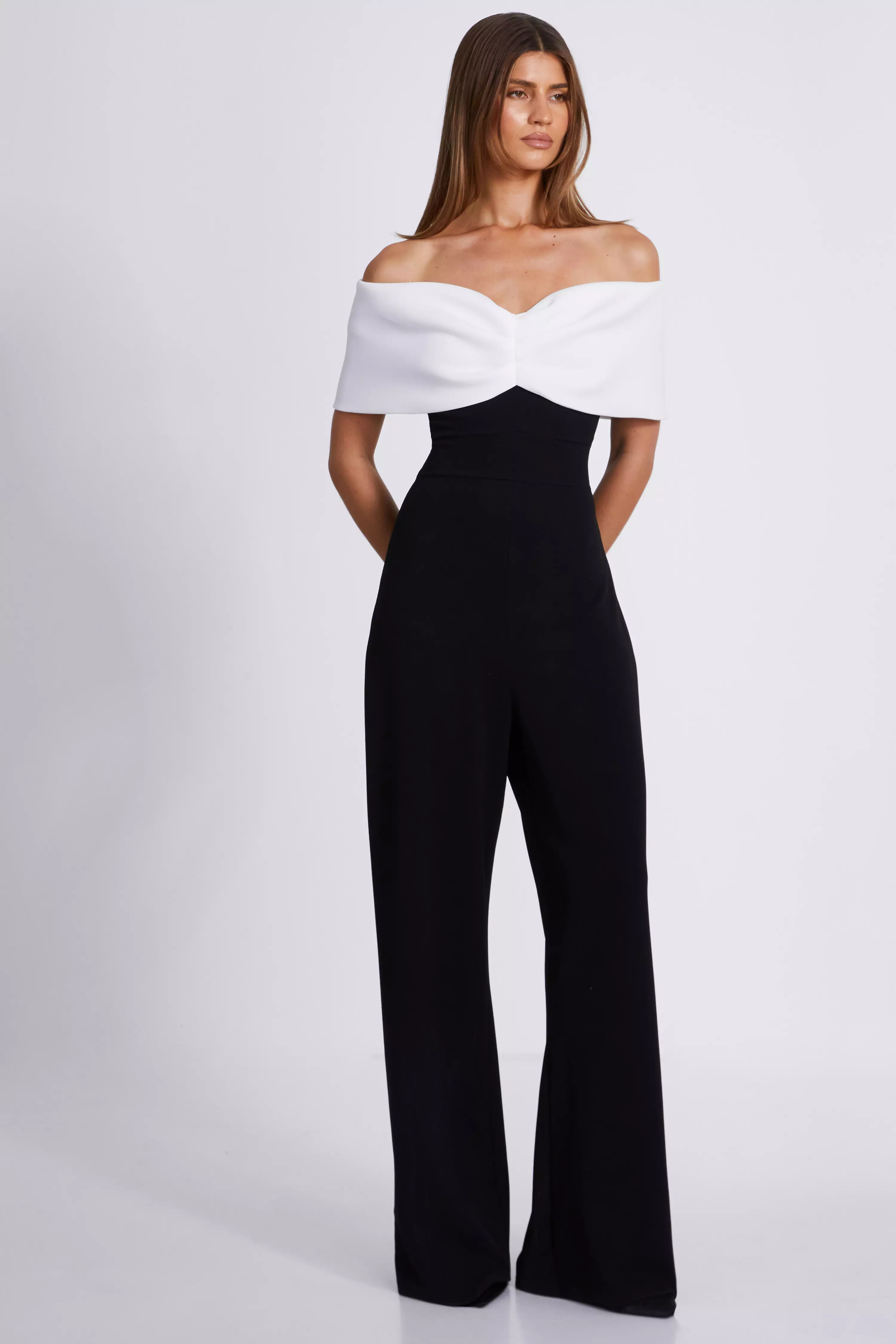 Black Contrast Bardot Palazzo Jumpsuit