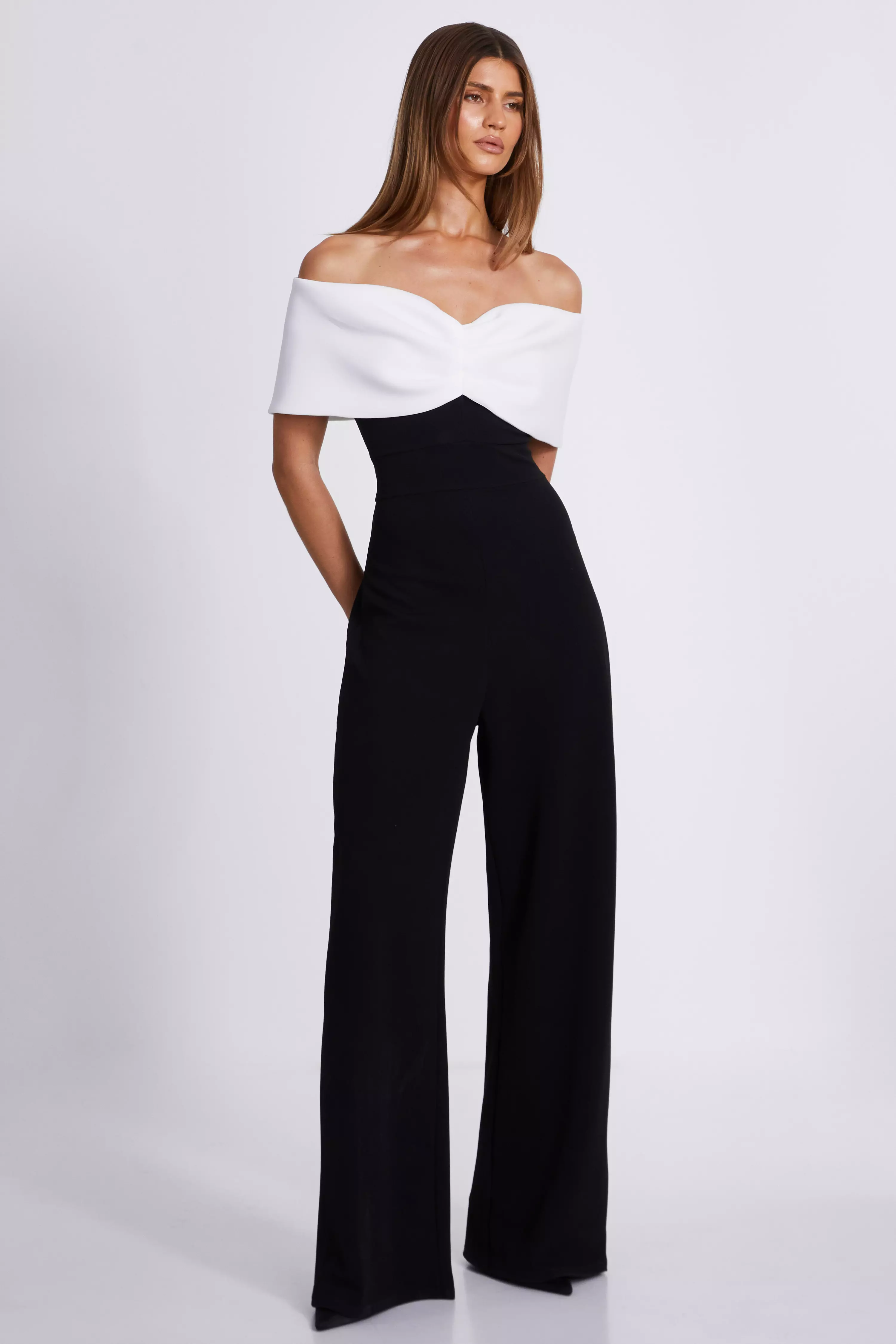 Black Contrast Bardot Palazzo Jumpsuit