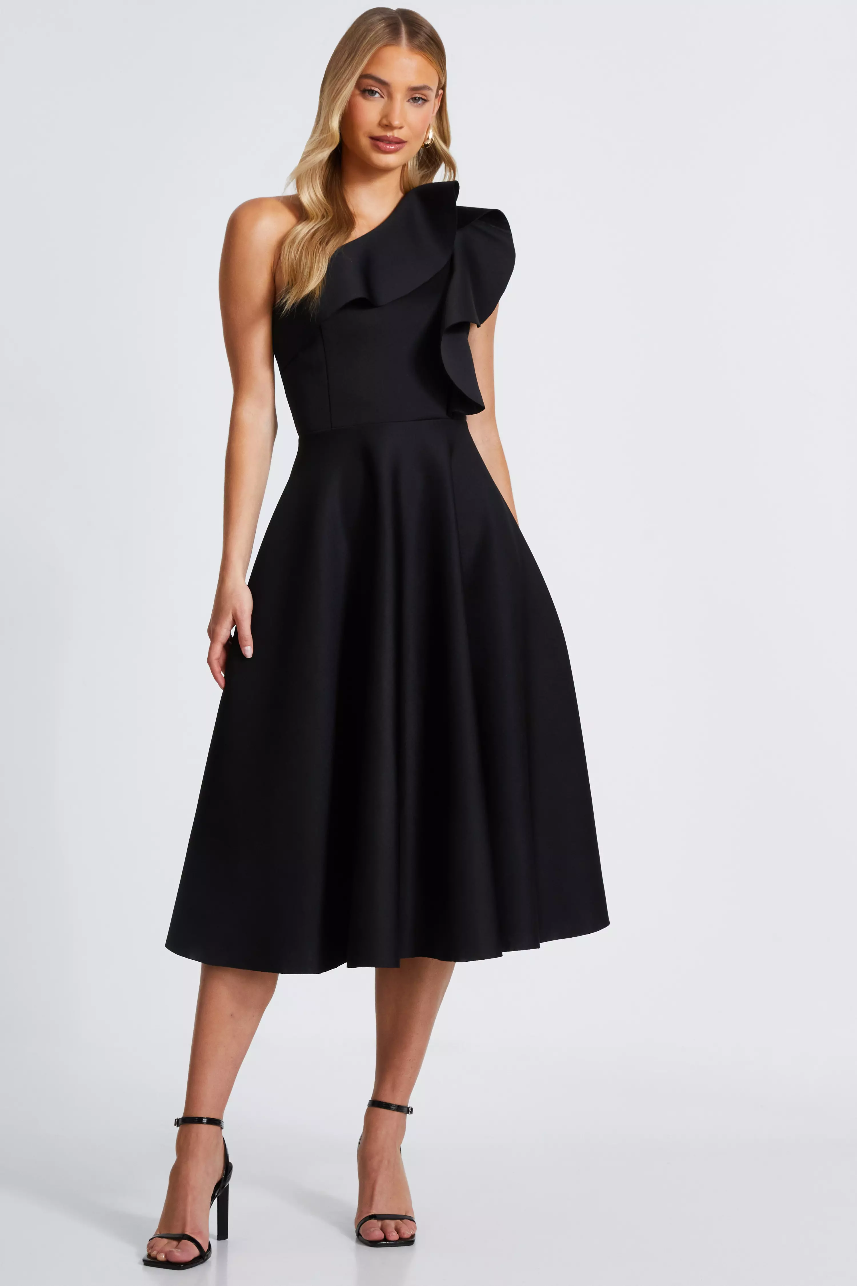 Black One Shoulder Frill Skater Dress