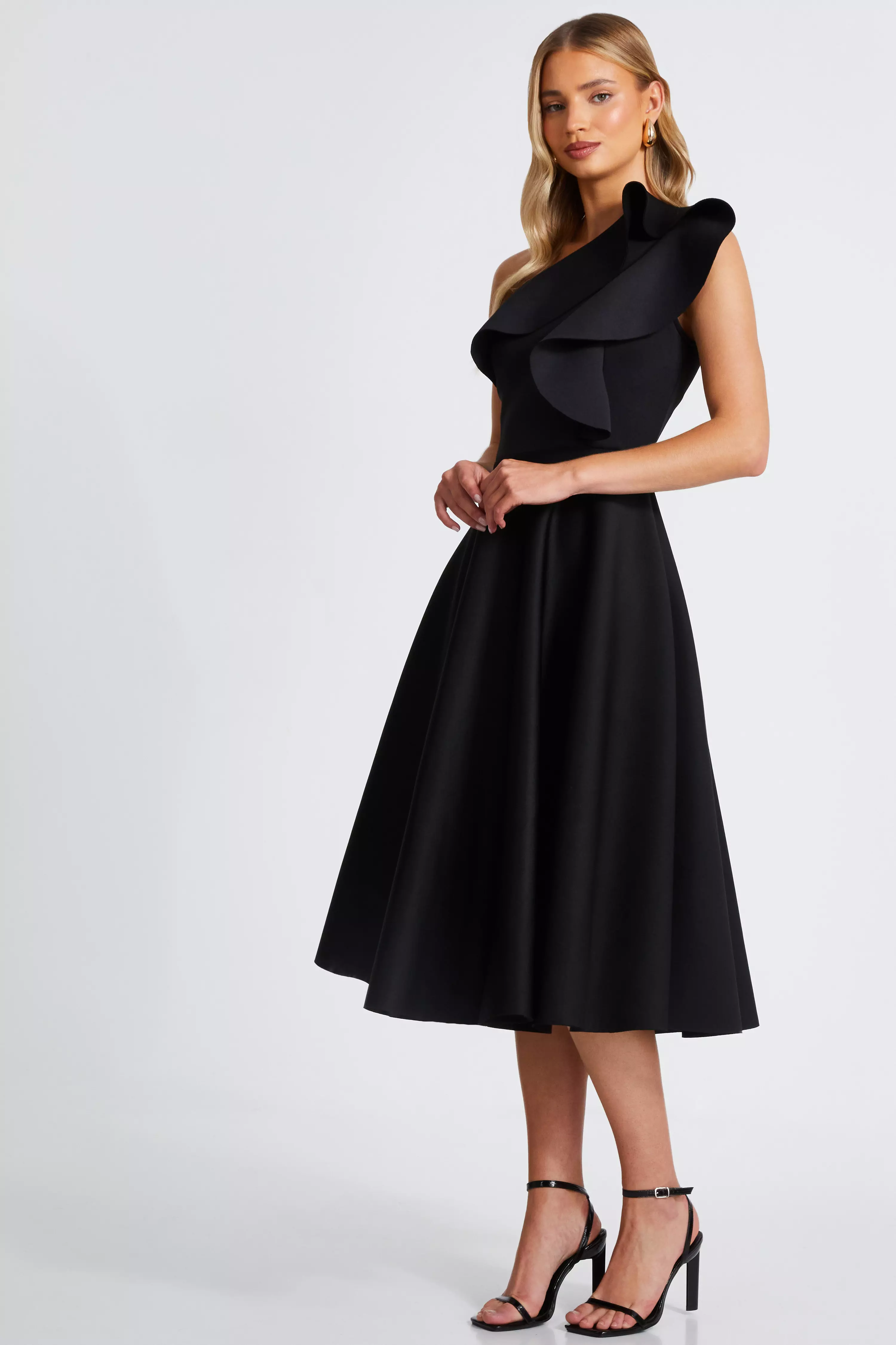 Black One Shoulder Frill Skater Dress