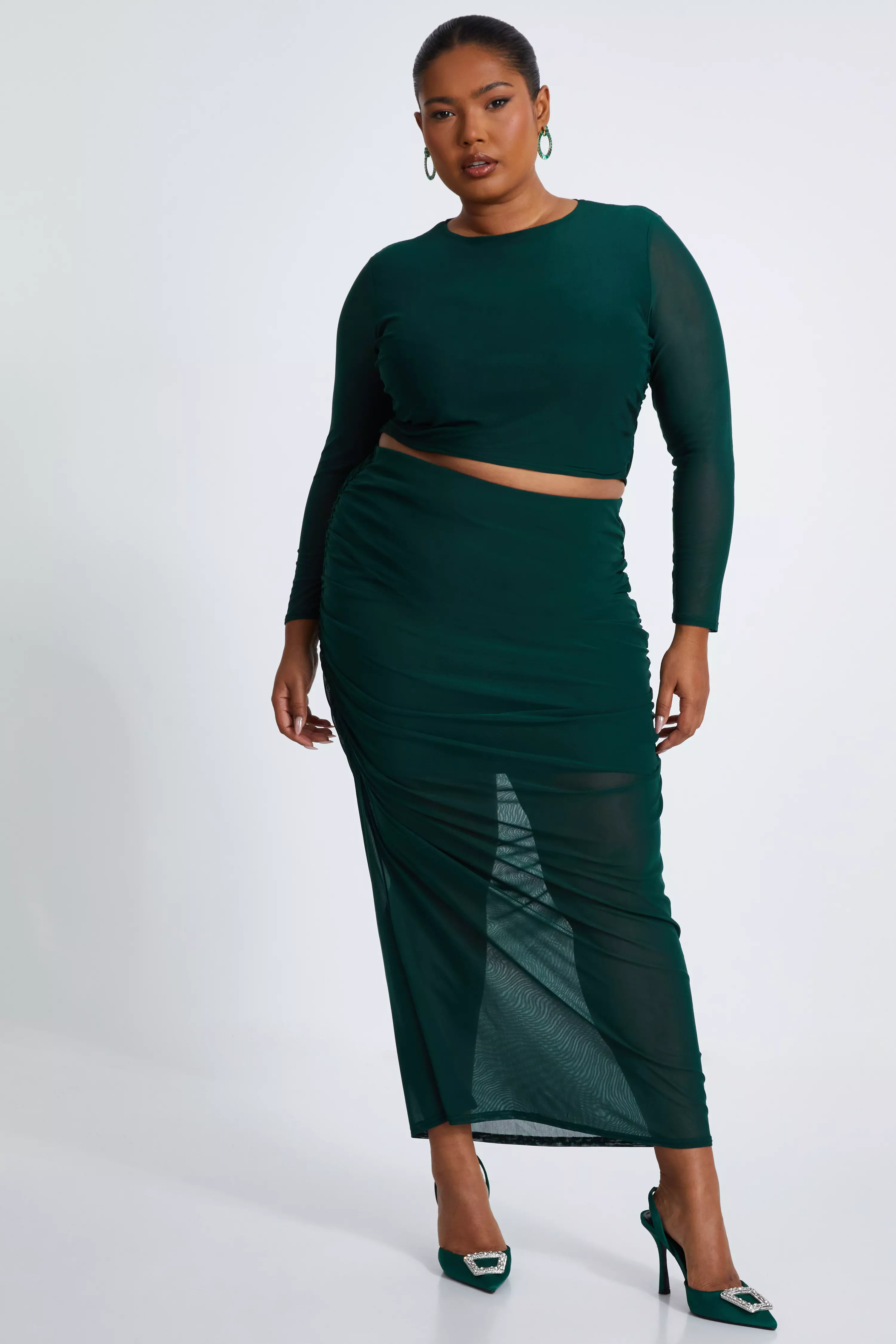 Curve Bottle Green Mesh Midaxi Skirt