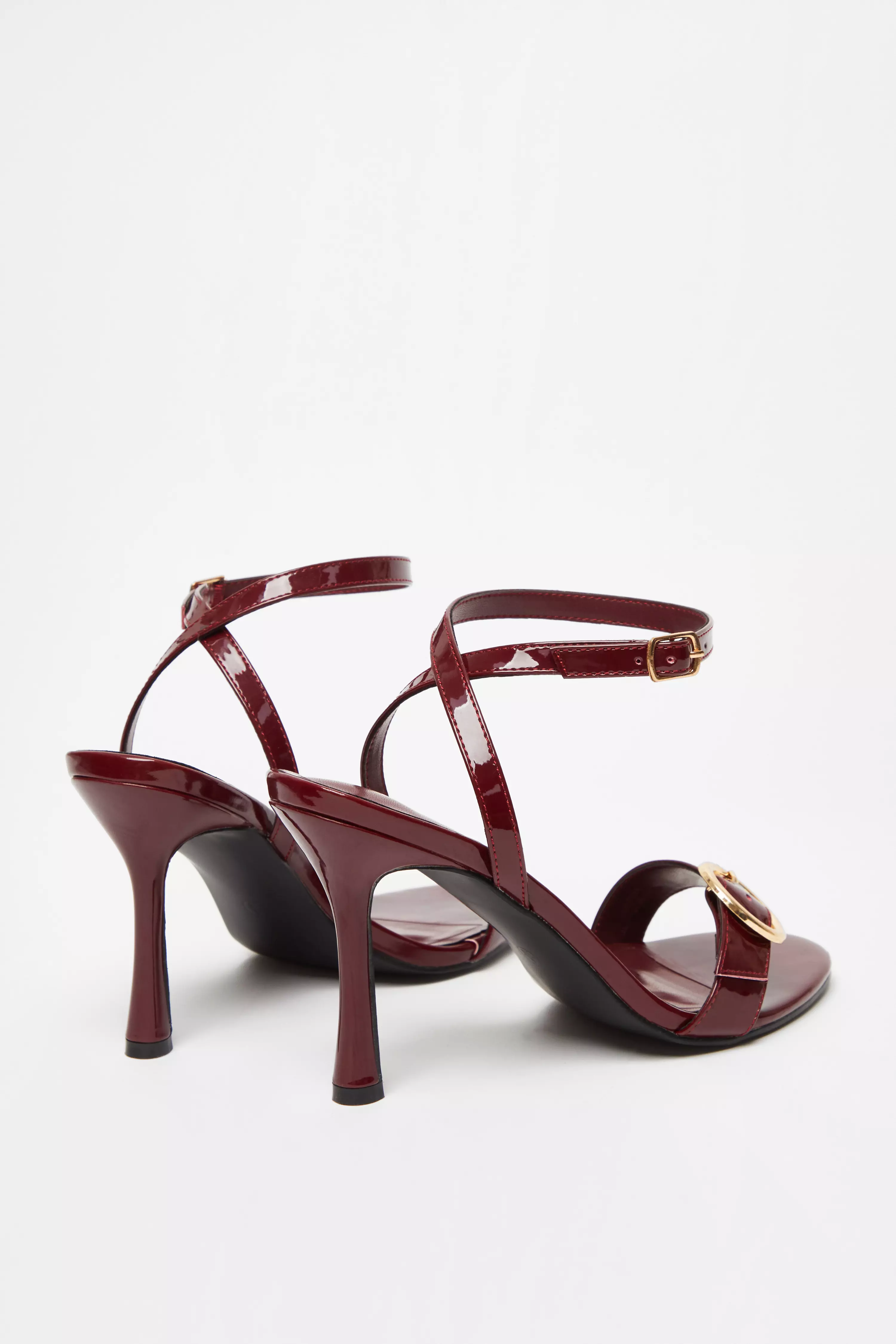 Dark Red Faux Leather Buckle Heels