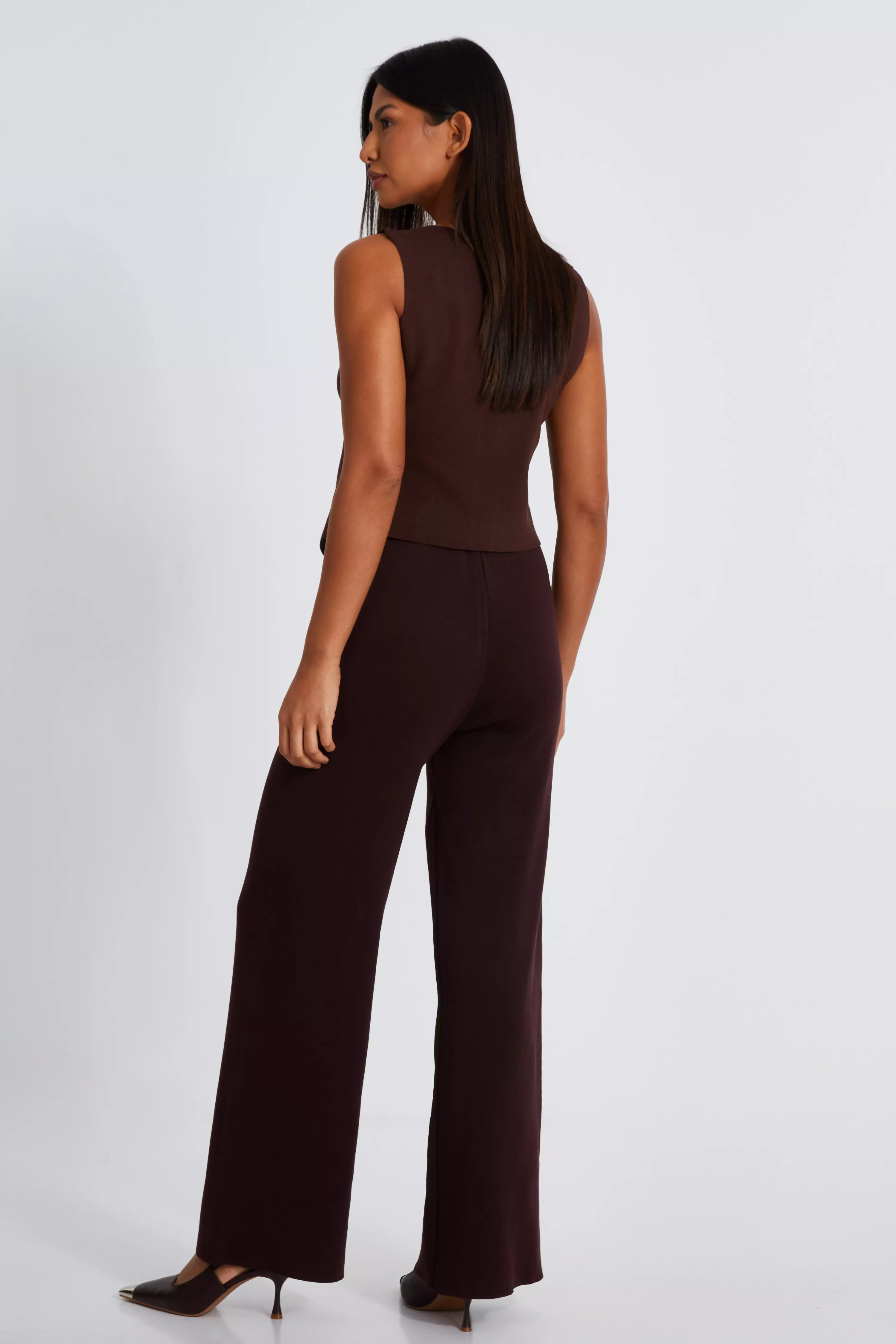 Brown Knit Wide Leg Trousers