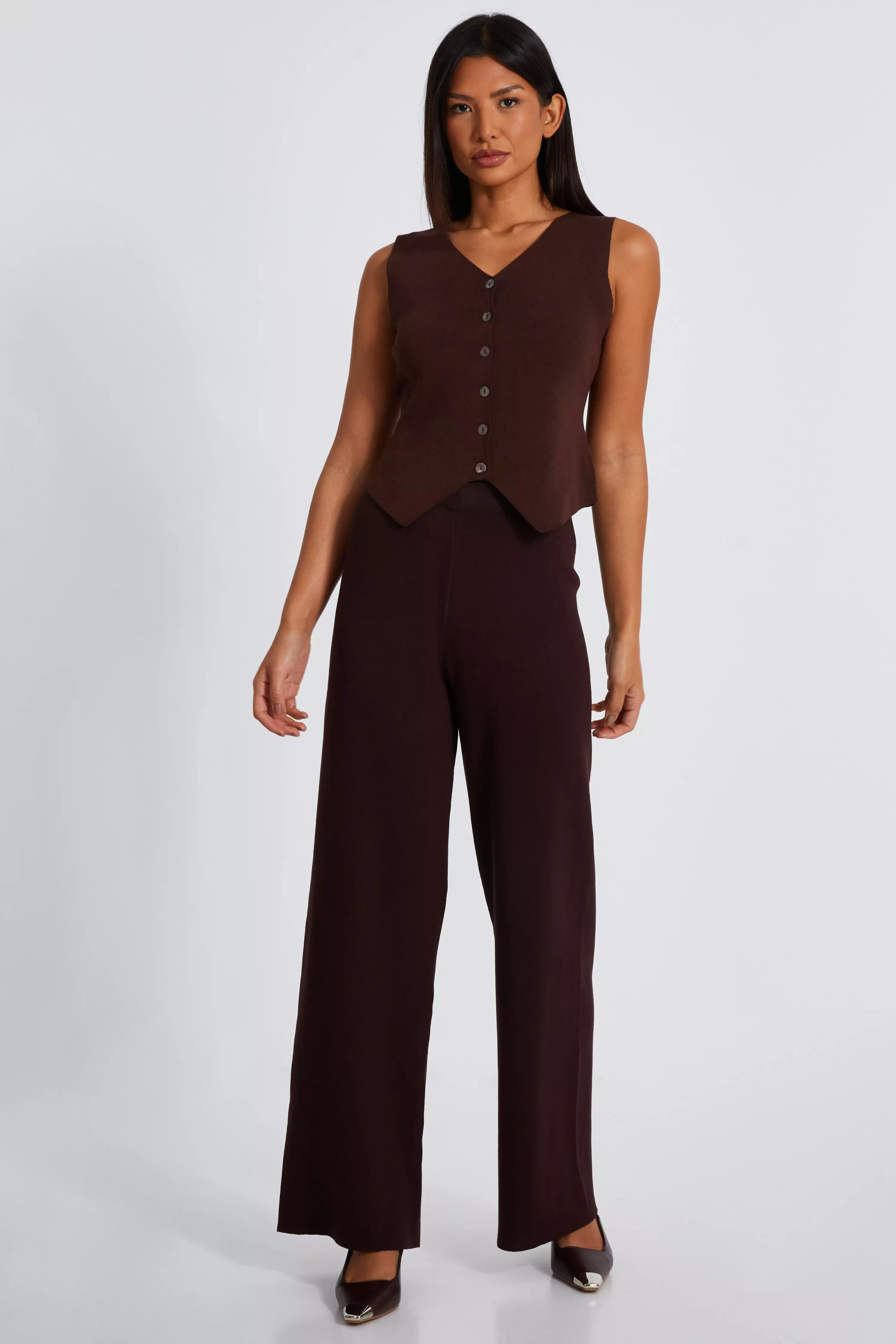 Brown Knit Wide Leg Trousers