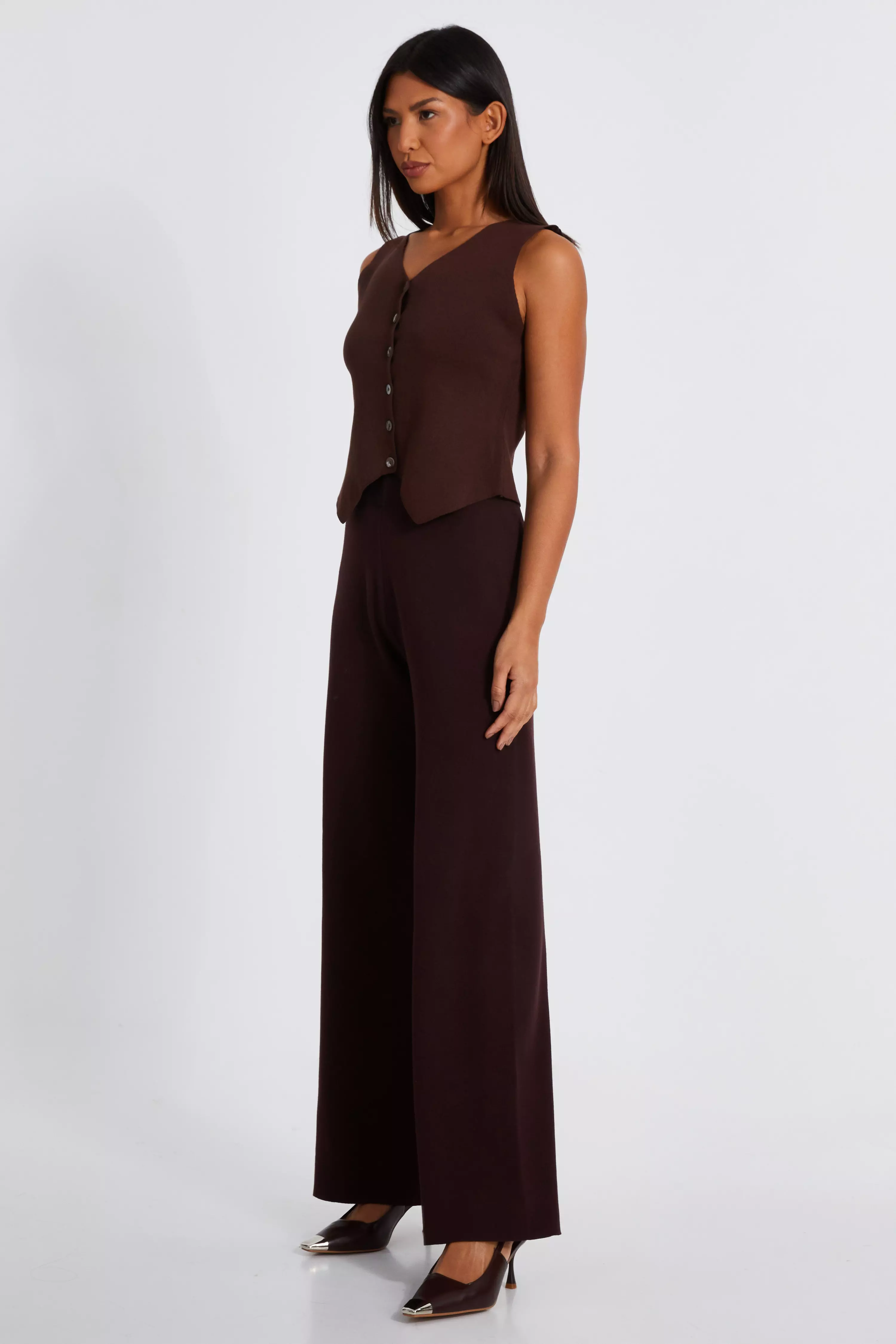 Brown Knit Wide Leg Trousers