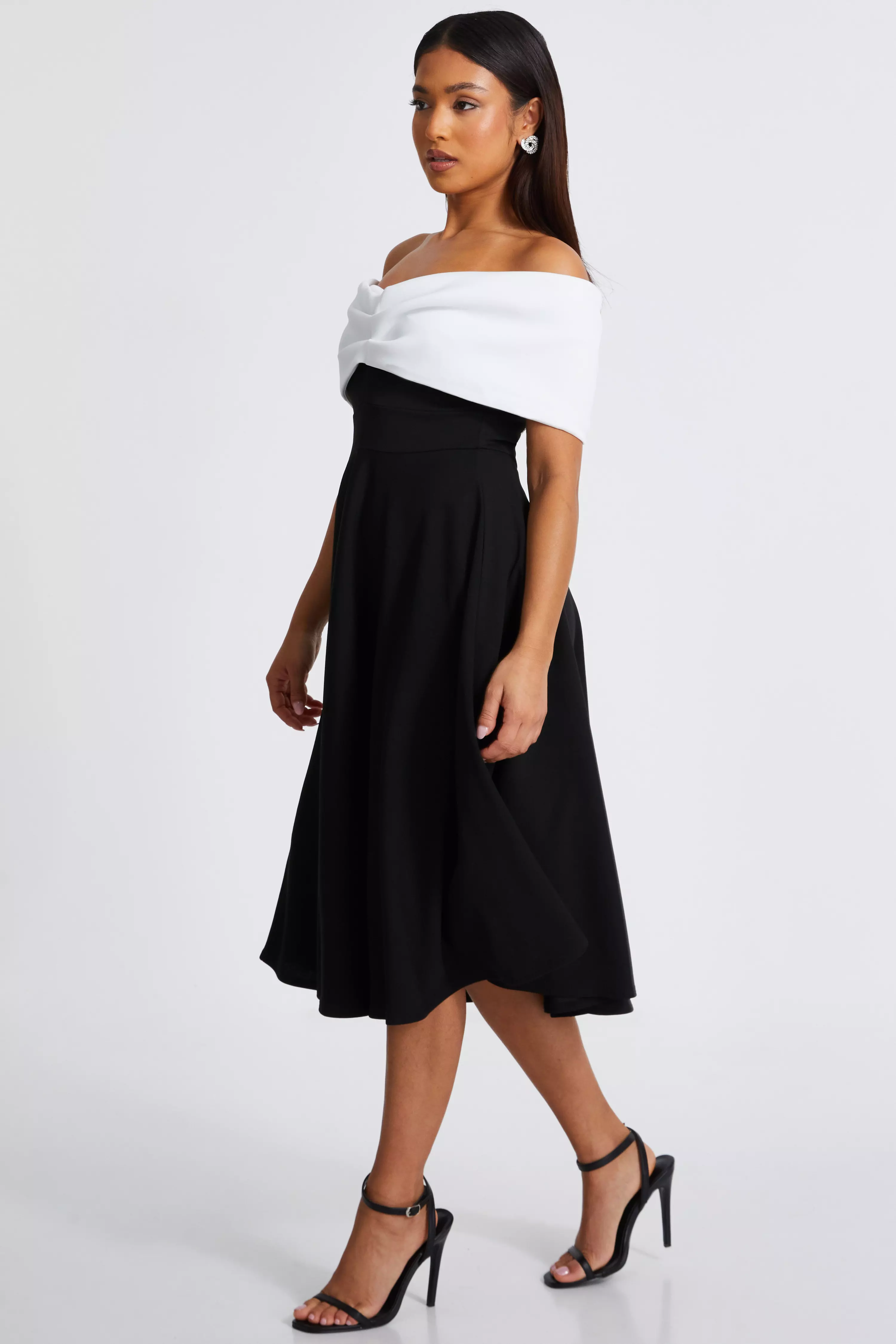 Petite Black Contrast Bardot Midi Dress