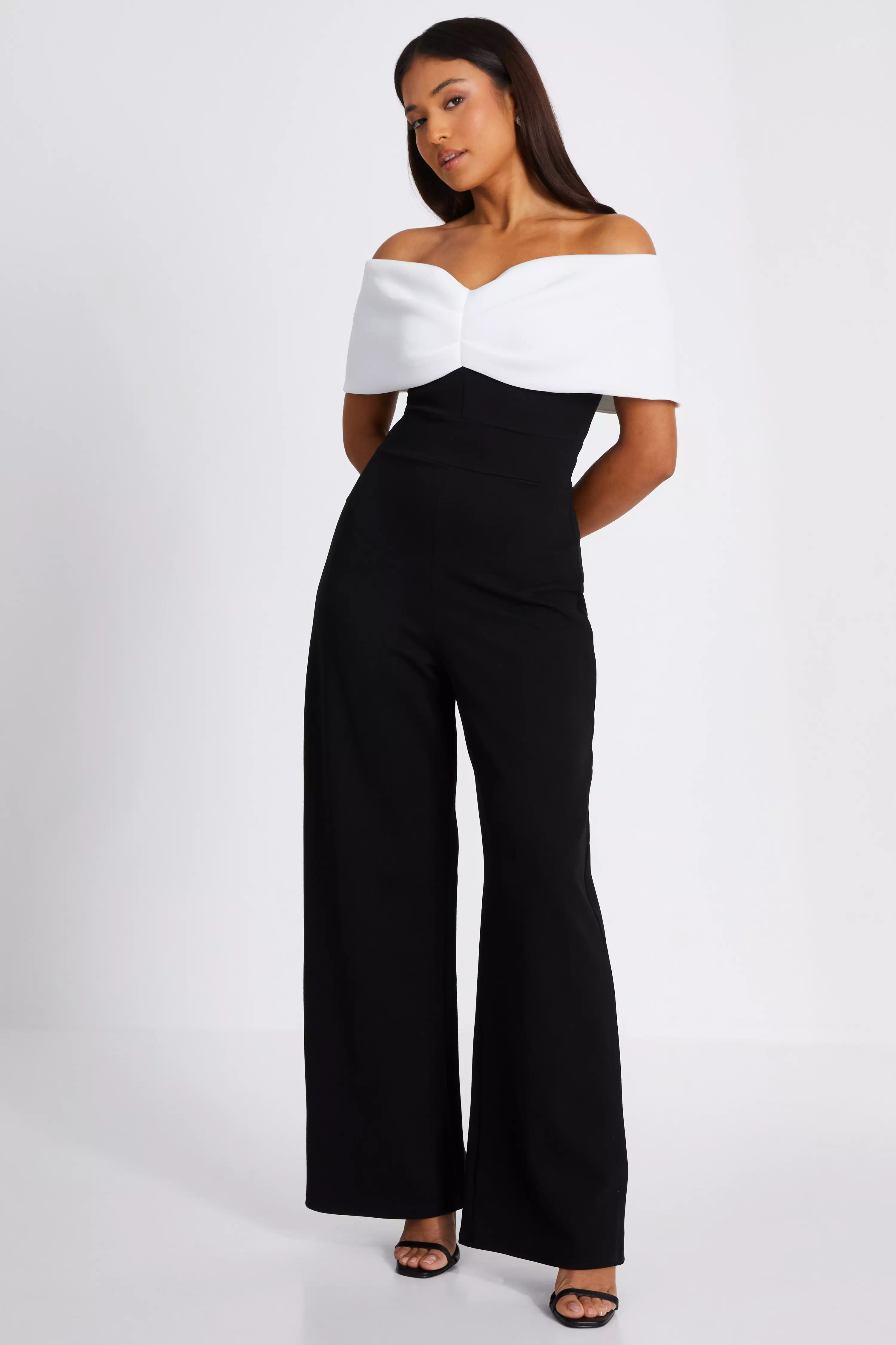 Petite Black Contrast Bardot Palazzo Jumpsuit