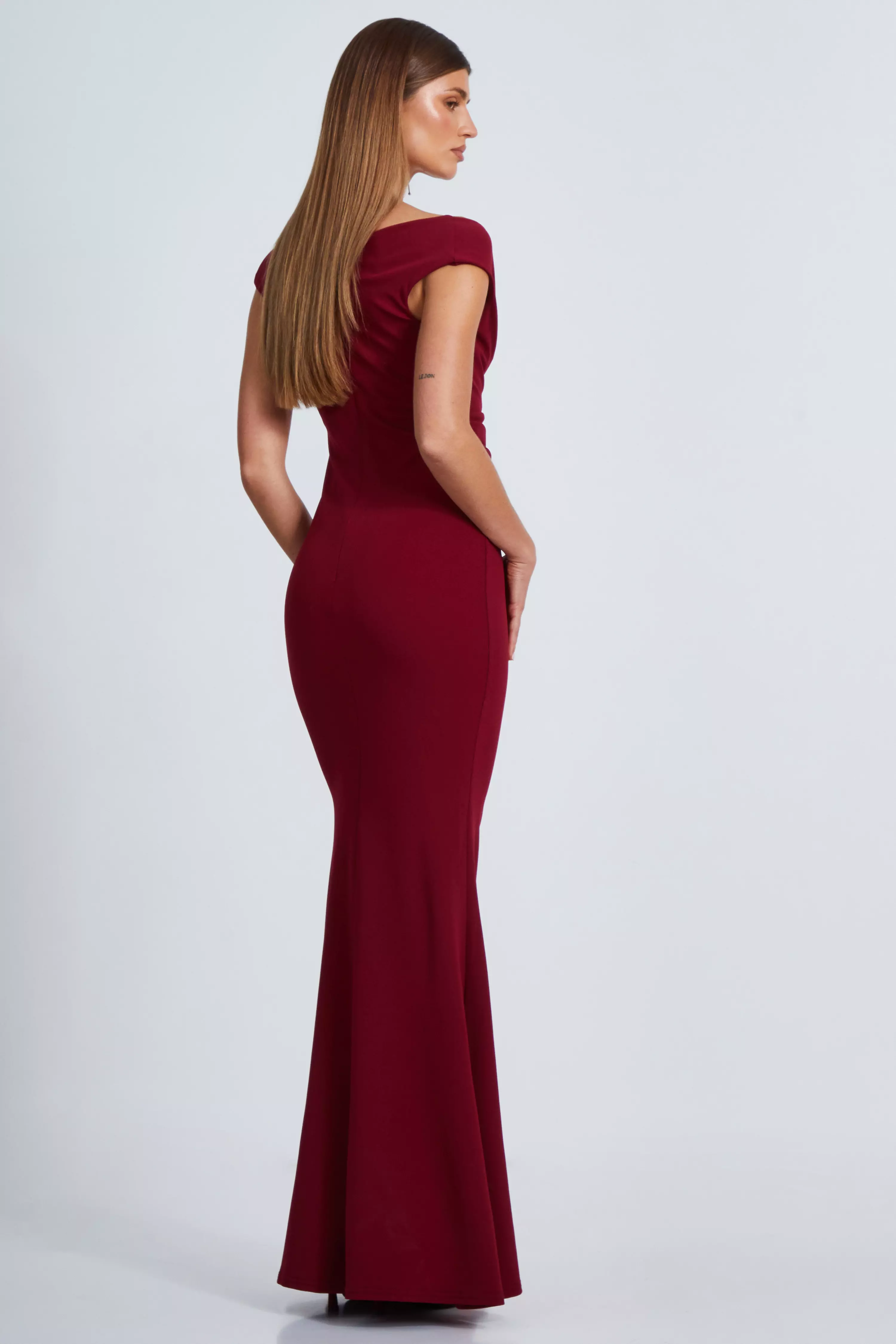 Dark Red Bardot Pleated Maxi Dress