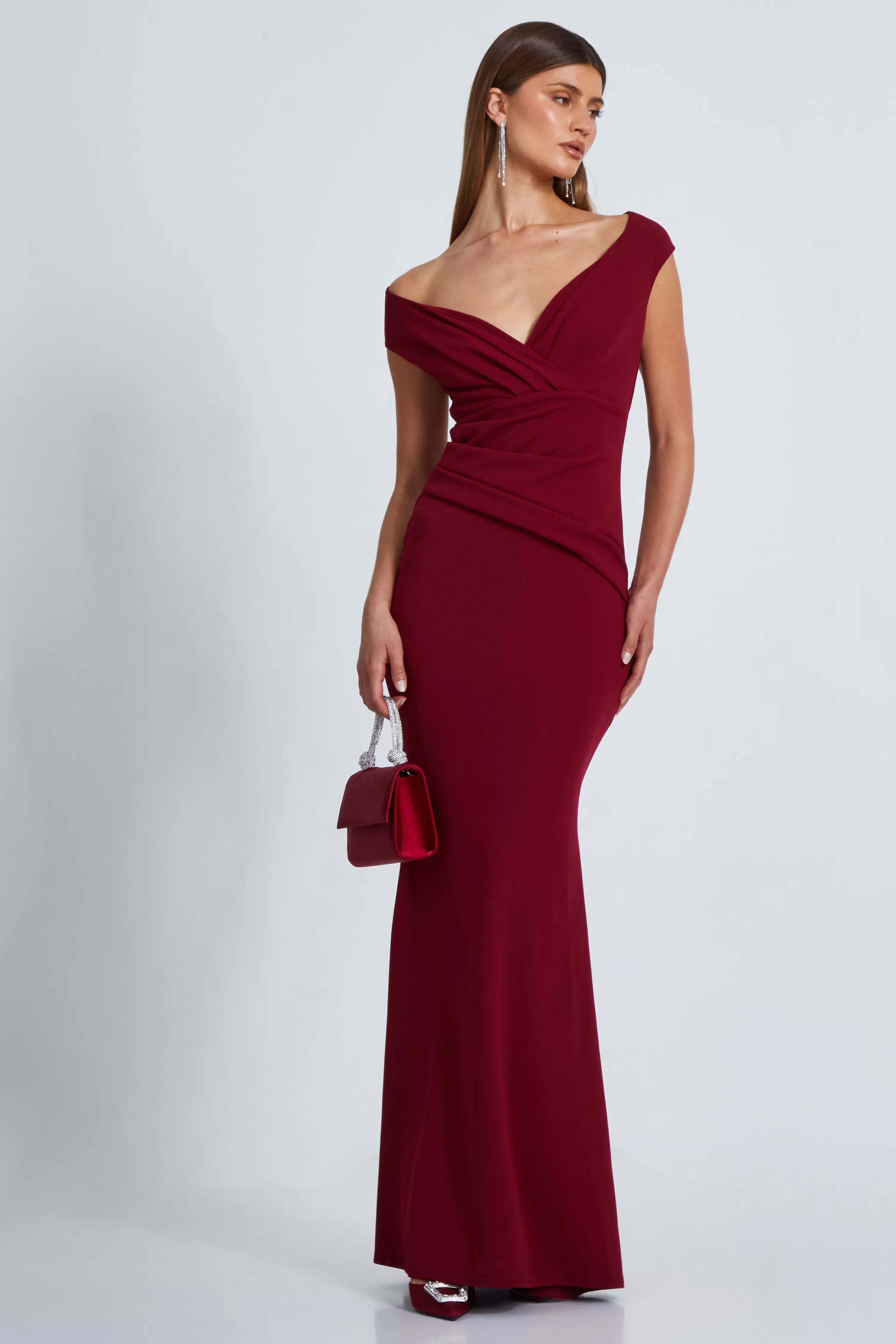 Dark Red Bardot Pleated Maxi Dress