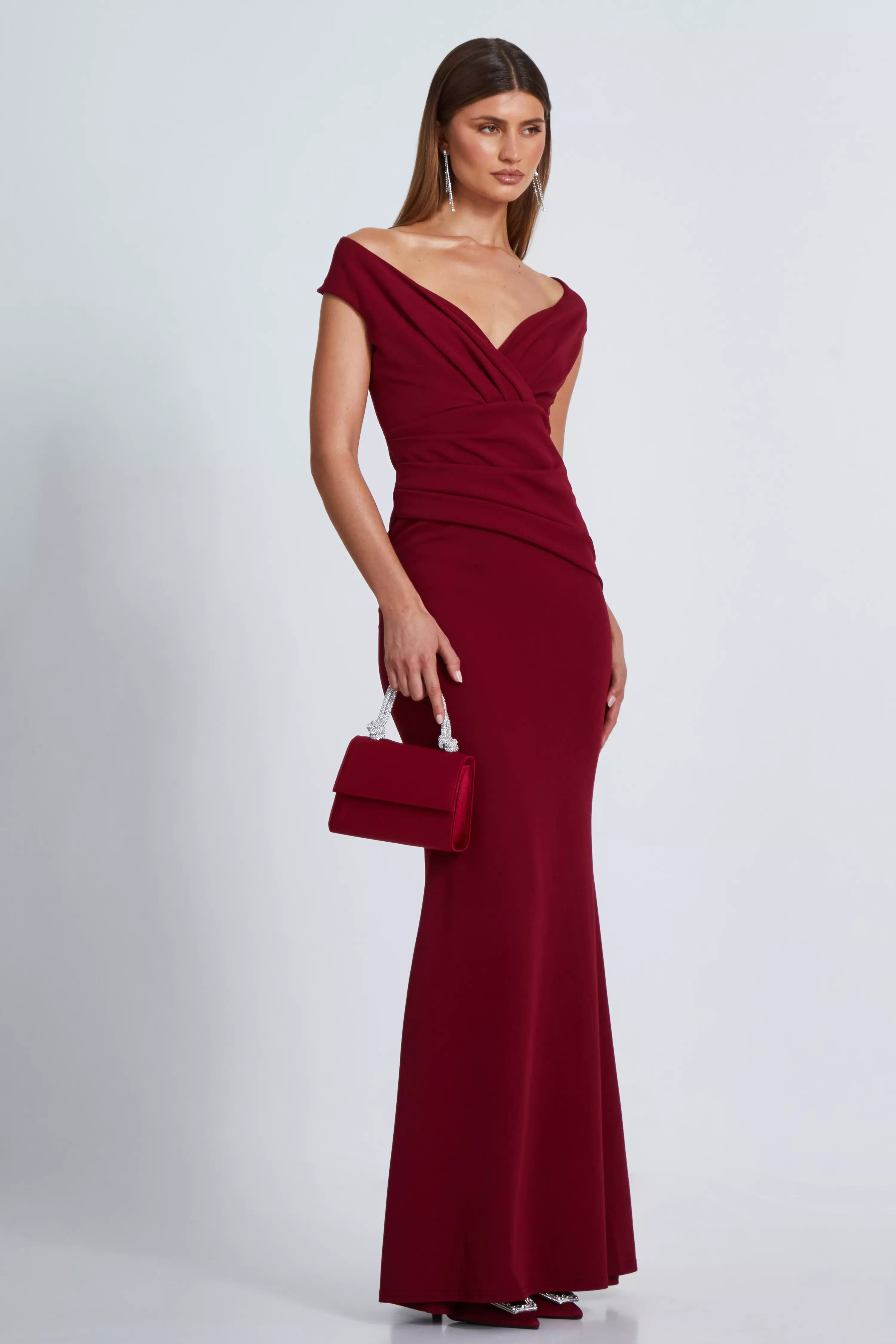 Dark Red Bardot Pleated Maxi Dress