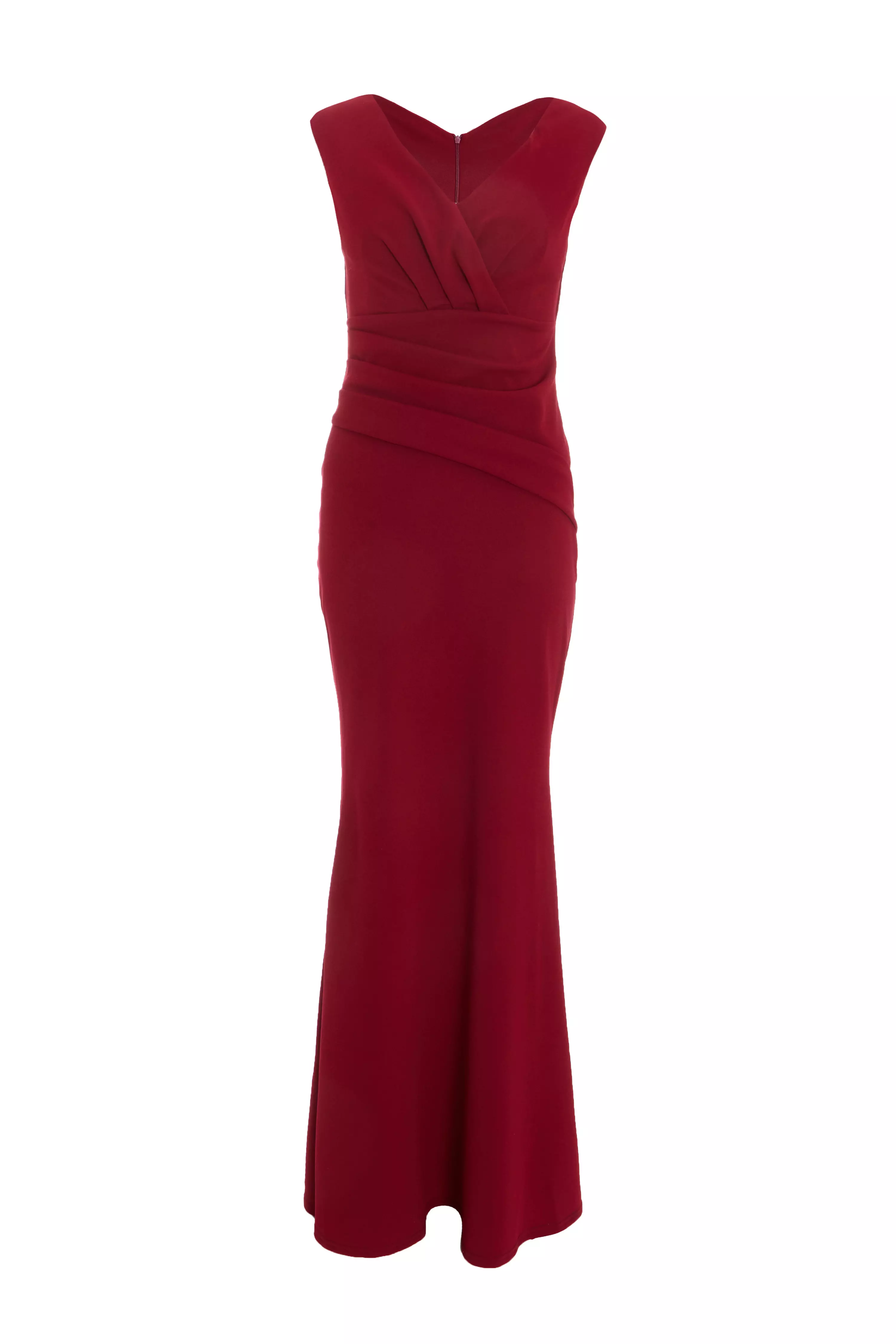 Dark Red Bardot Pleated Maxi Dress