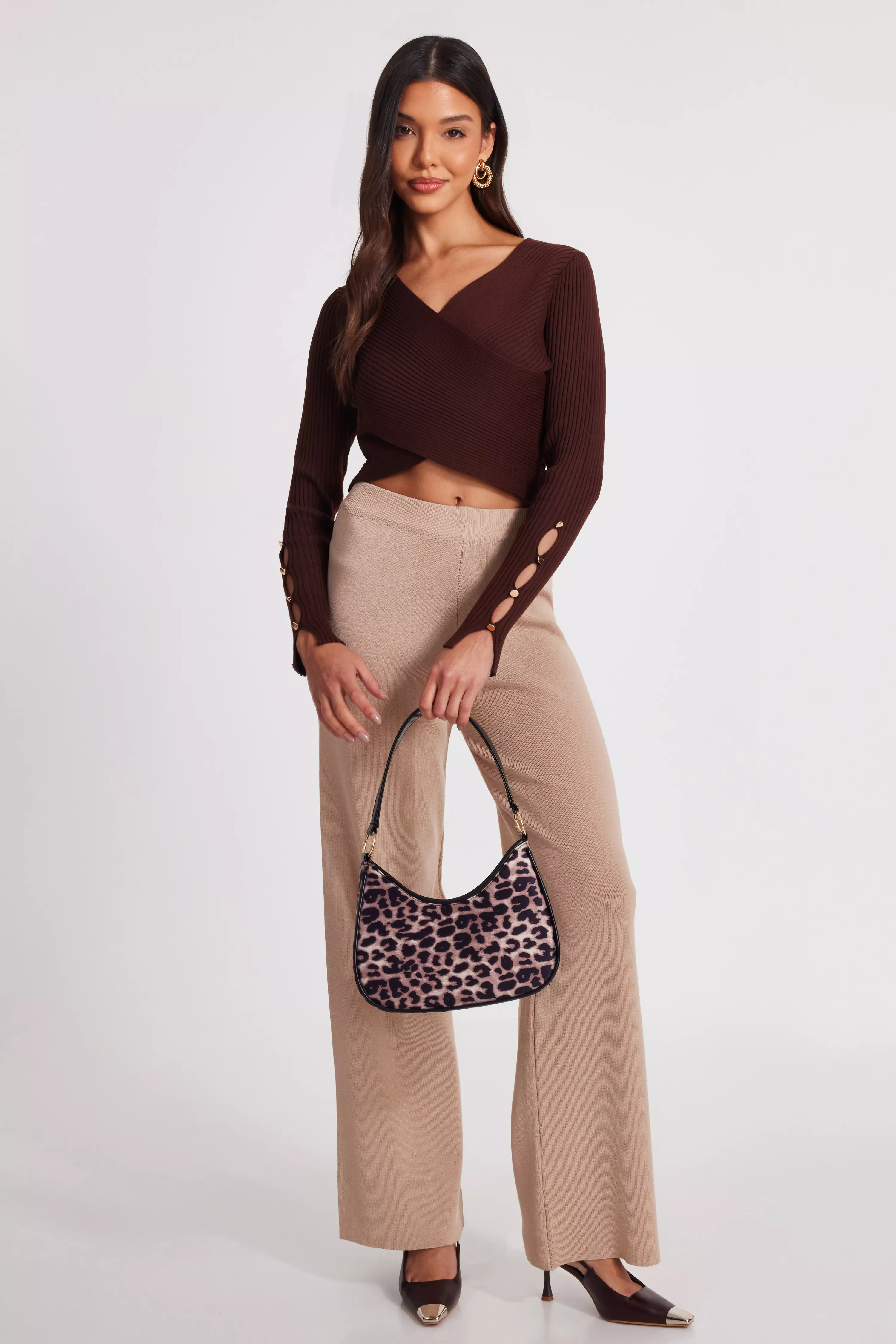 Brown Knit Crossover Cropped Jumper