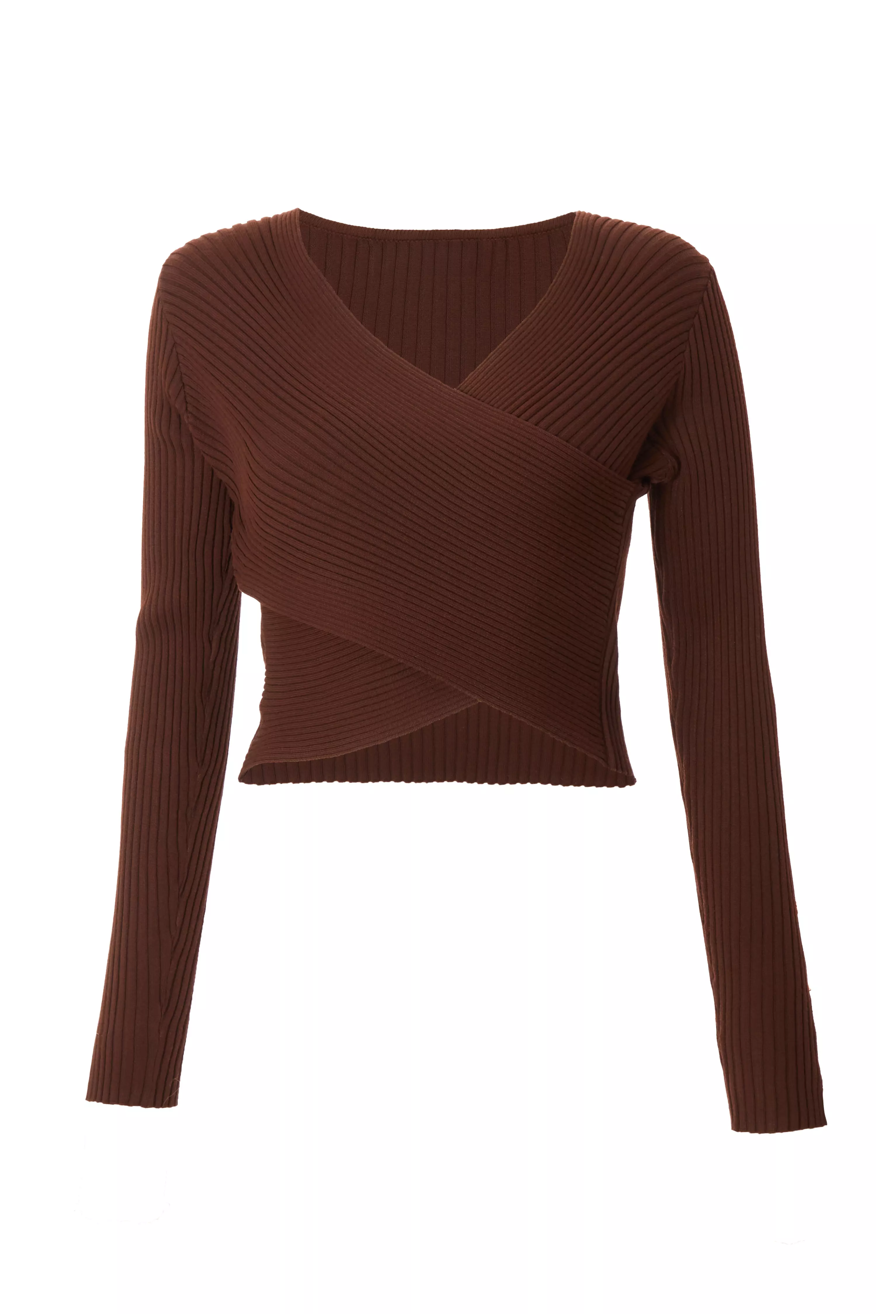 Brown Knit Crossover Cropped Jumper