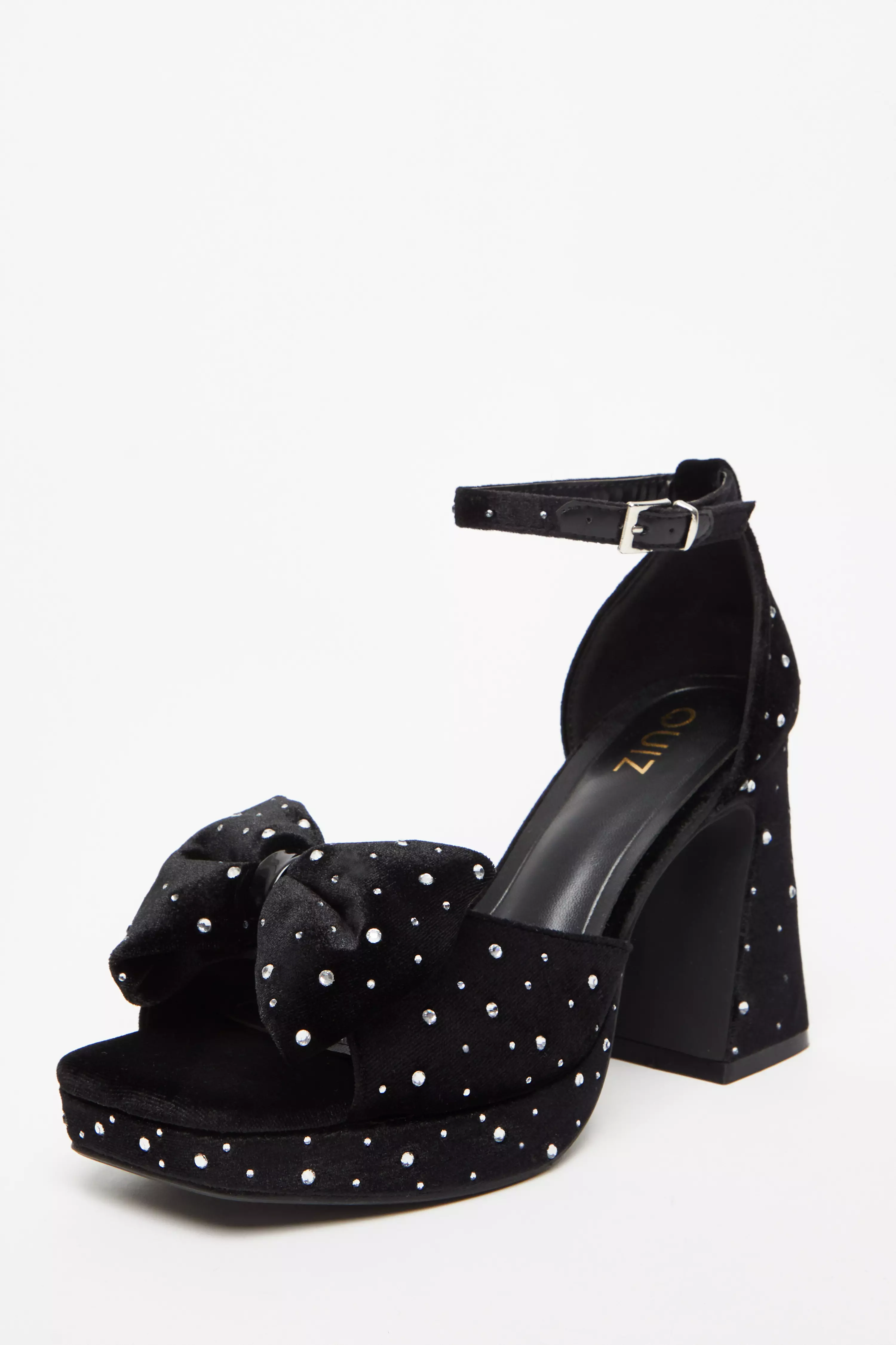 Black Velvet Diamante Platform Heeled Sandals