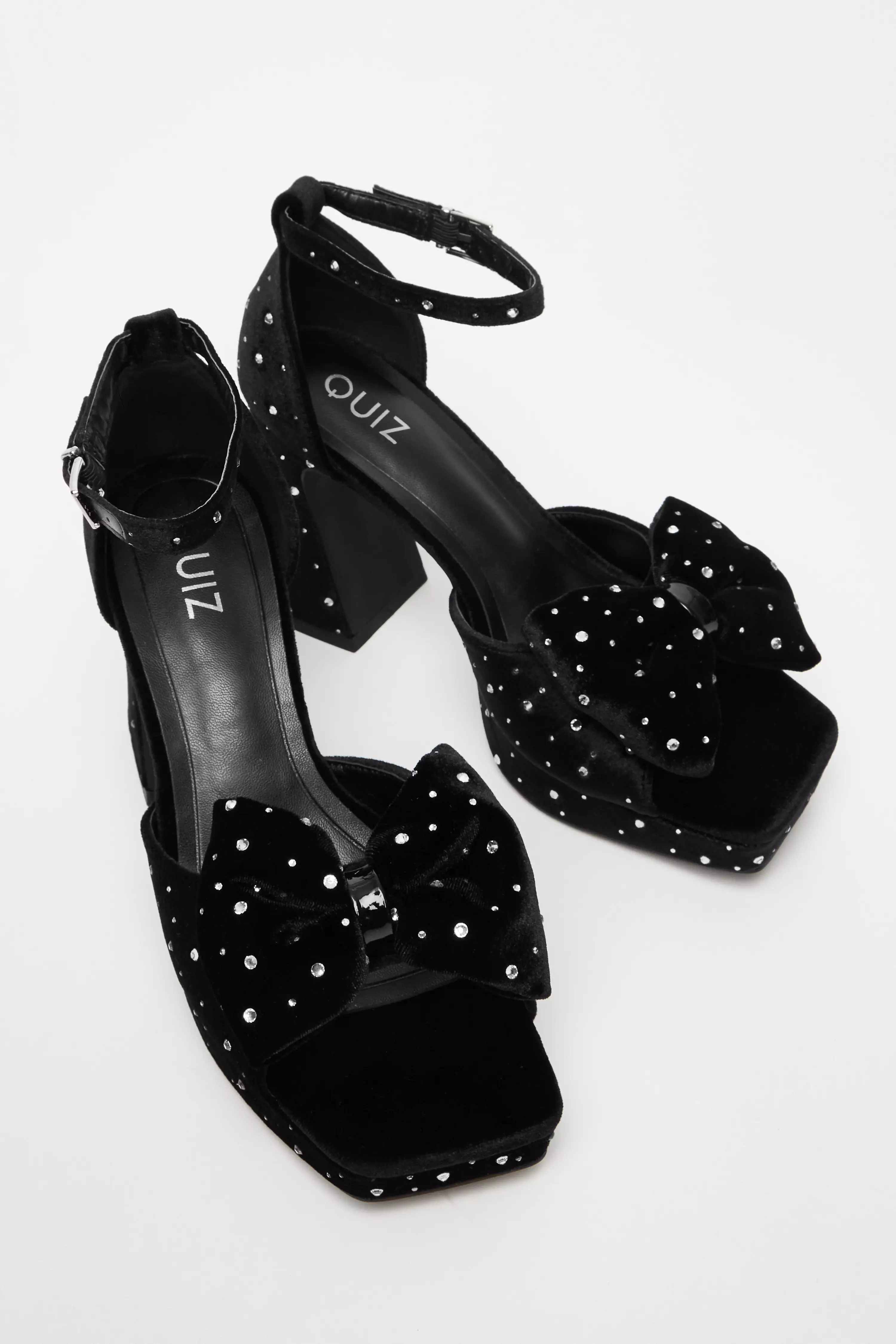 Black Velvet Diamante Platform Heeled Sandals