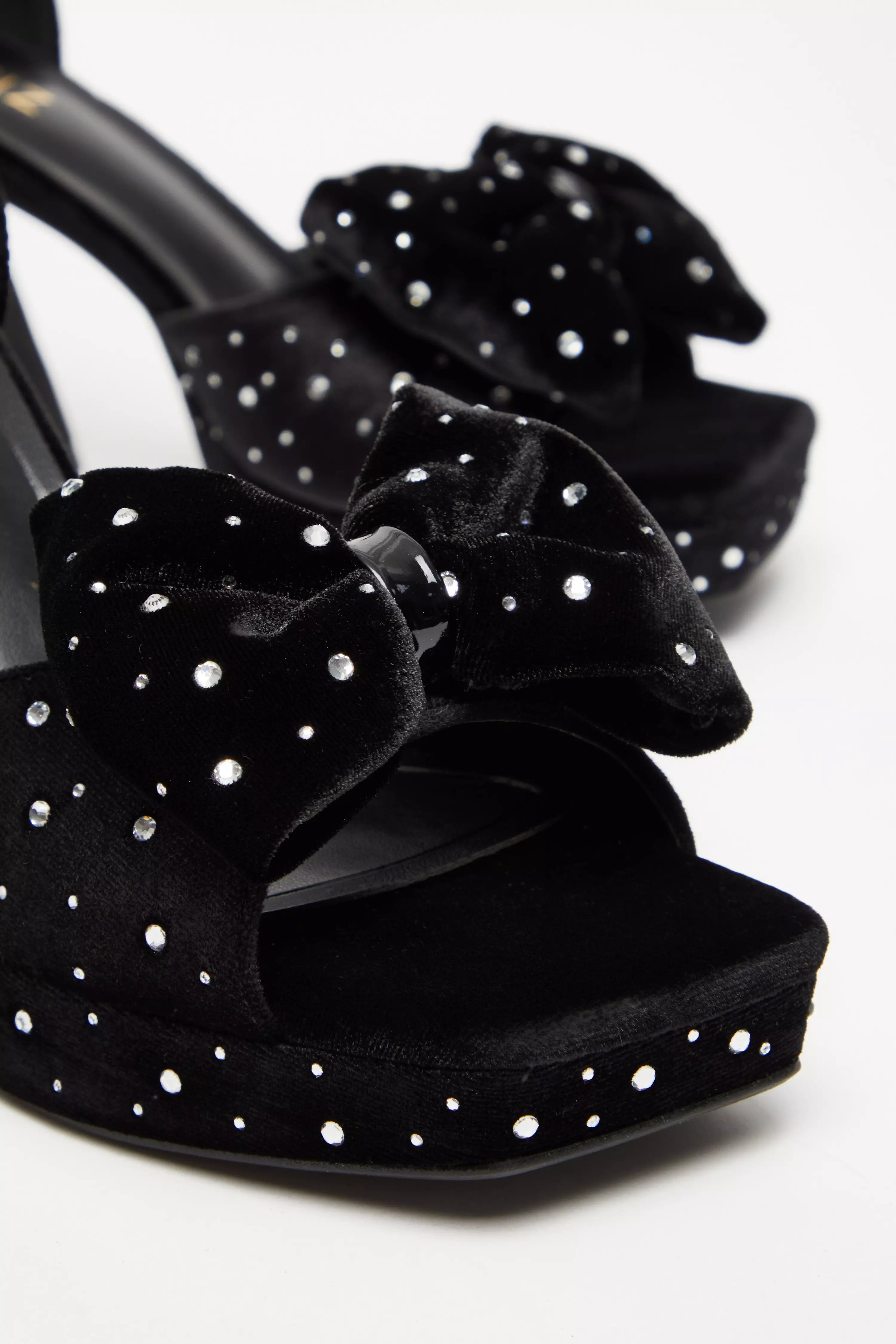 Black Velvet Diamante Platform Heeled Sandals