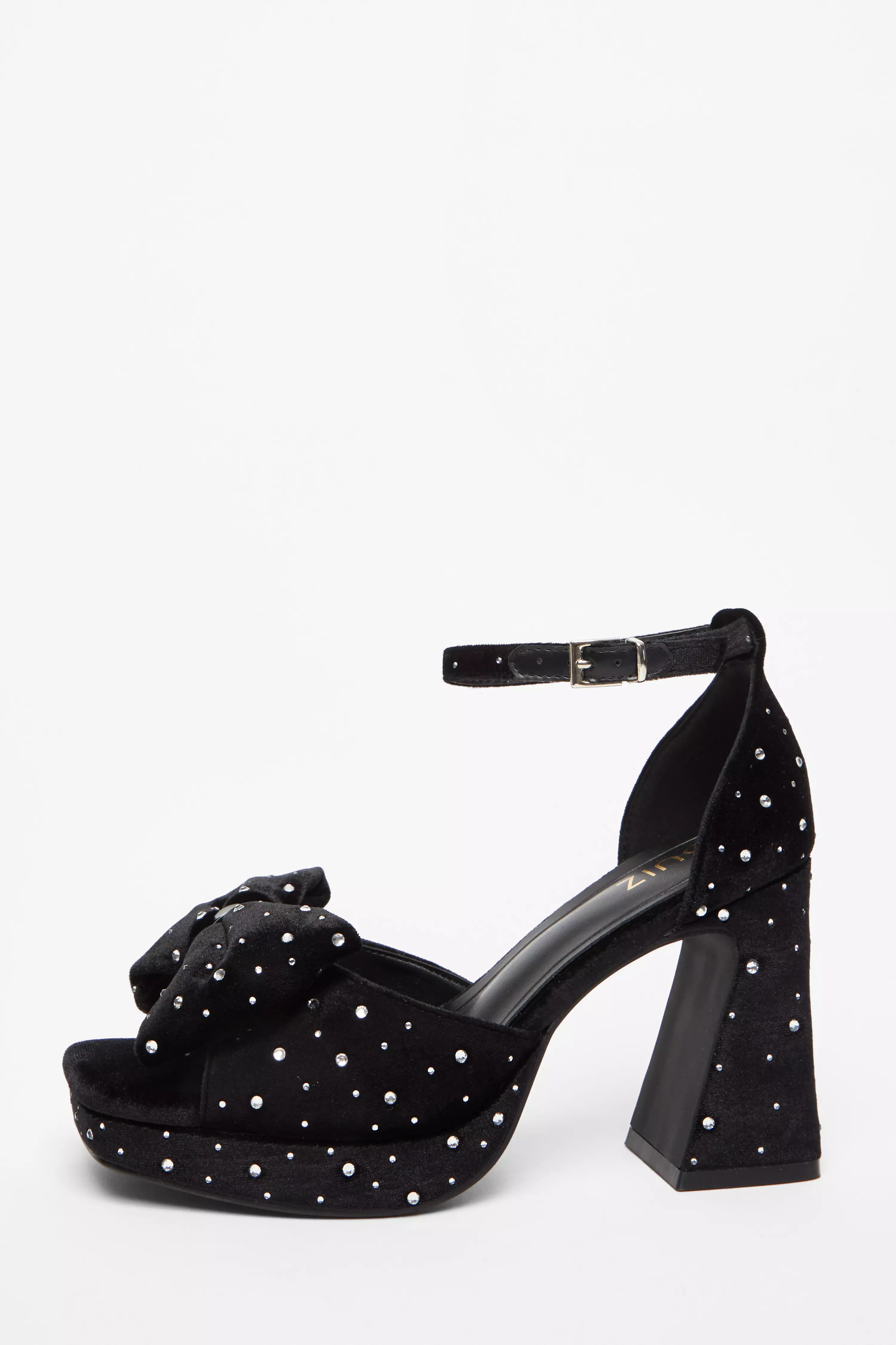 Black Velvet Diamante Platform Heeled Sandals