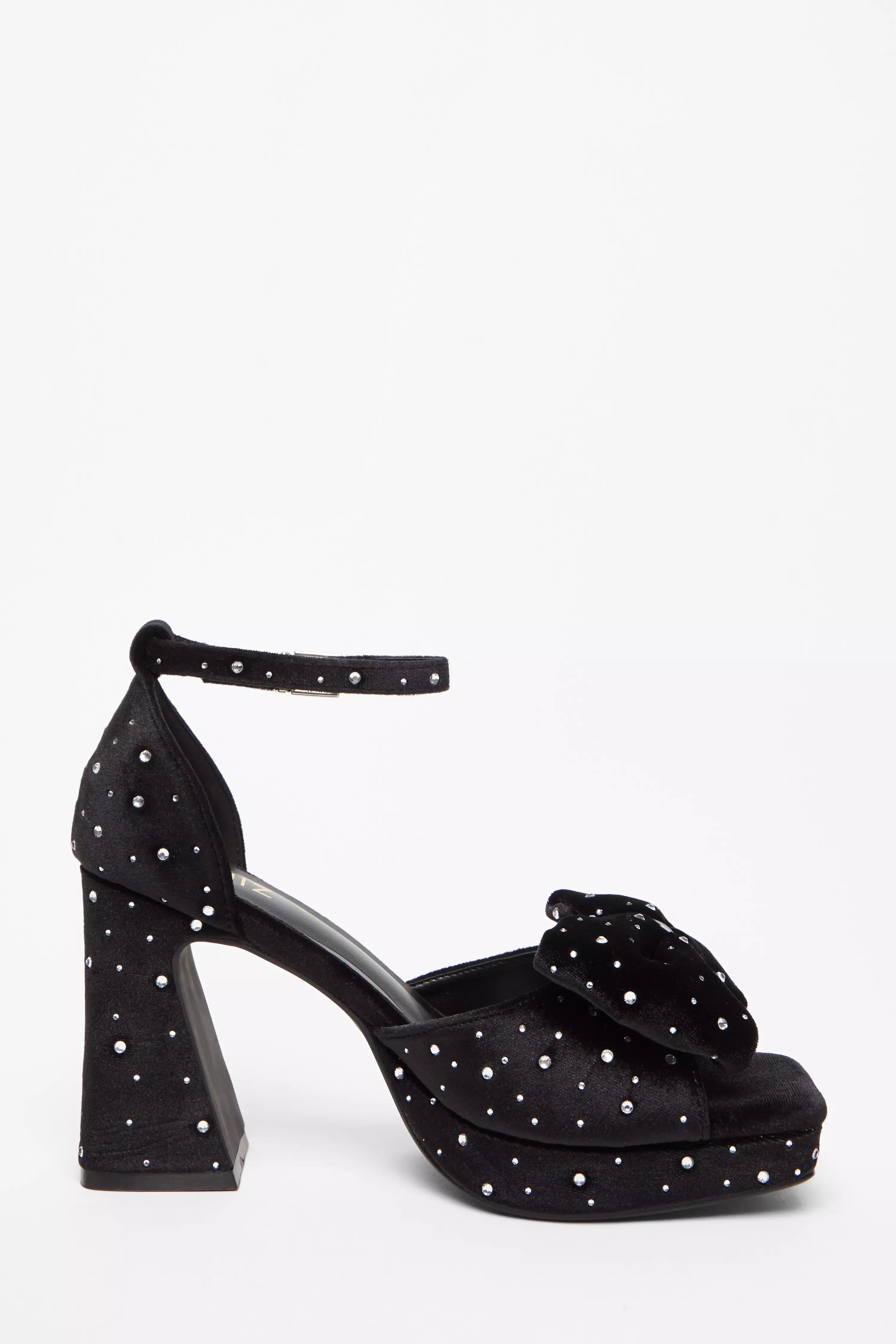 Black Velvet Diamante Platform Heeled Sandals