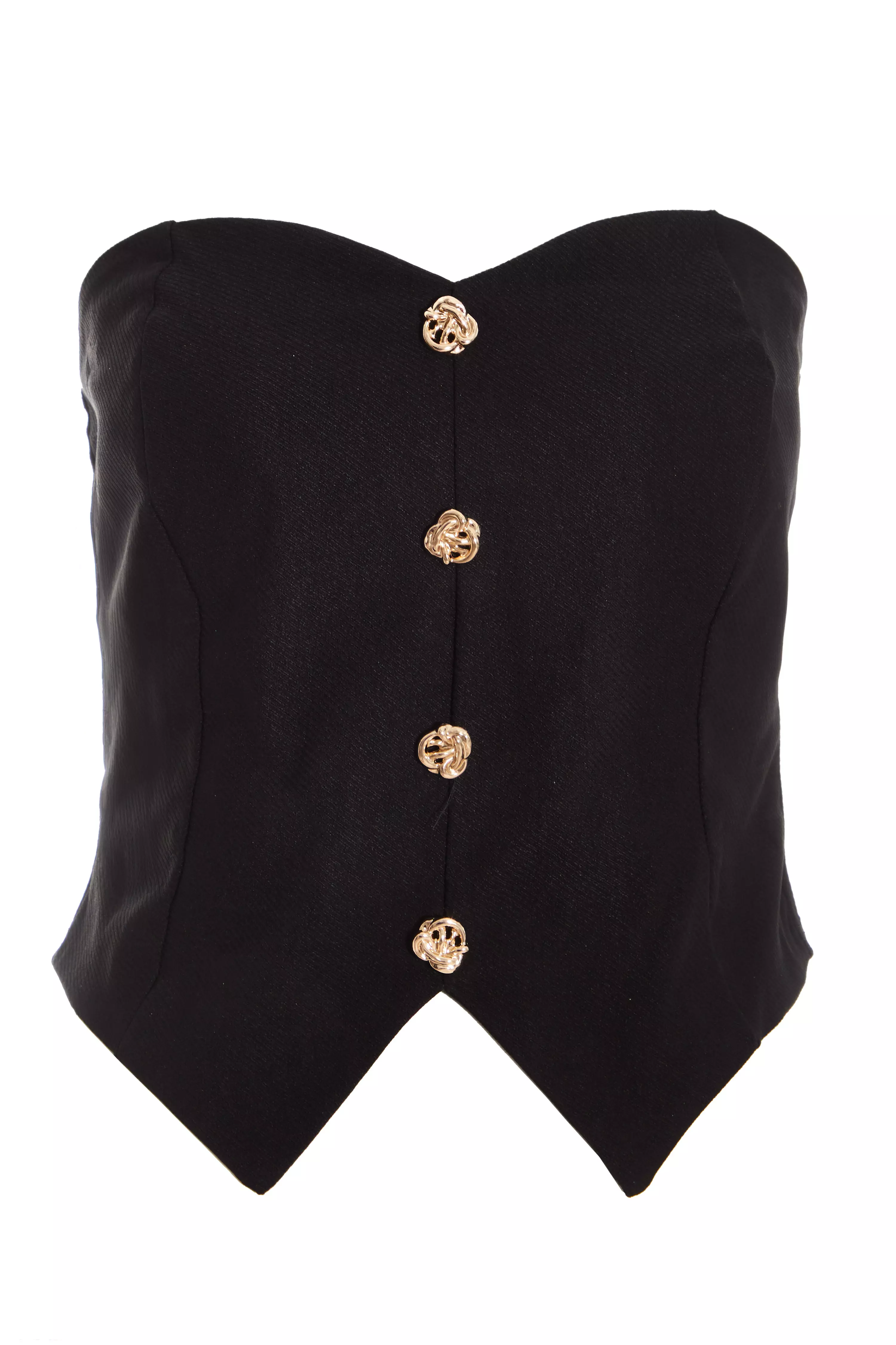 Black Textured Button Front Top