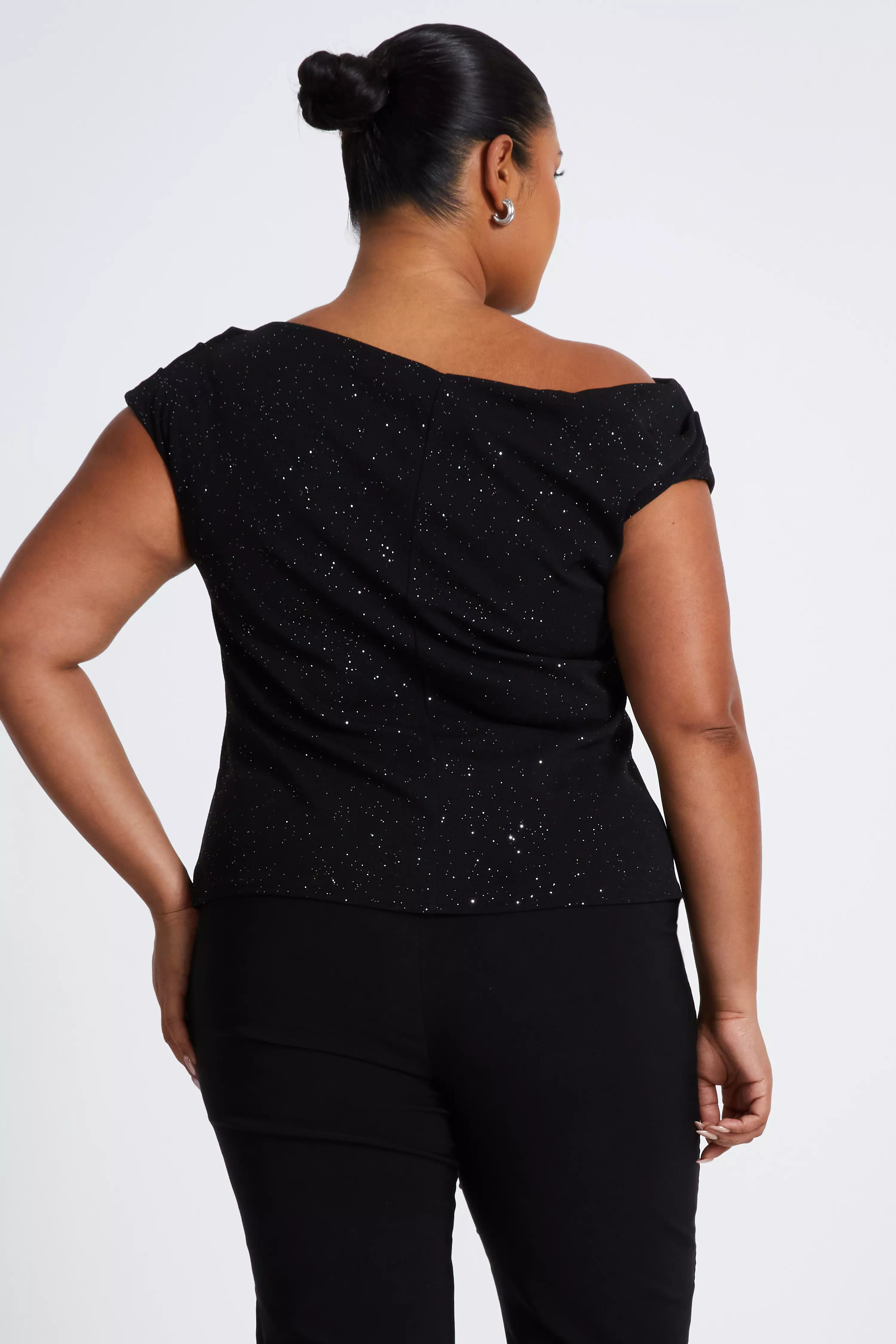 Curve Black Glitter Drape Neck Top