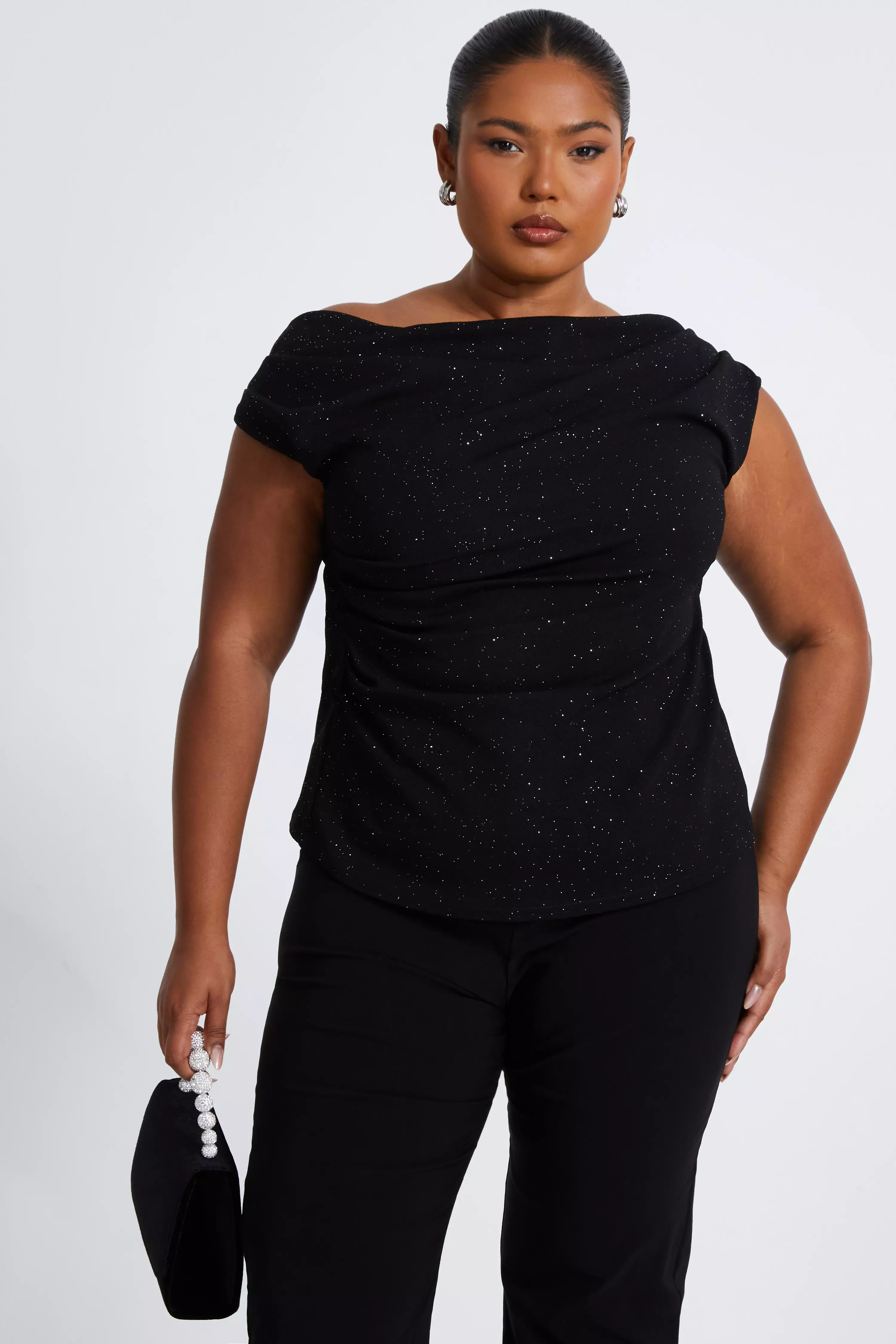 Curve Black Glitter Drape Neck Top