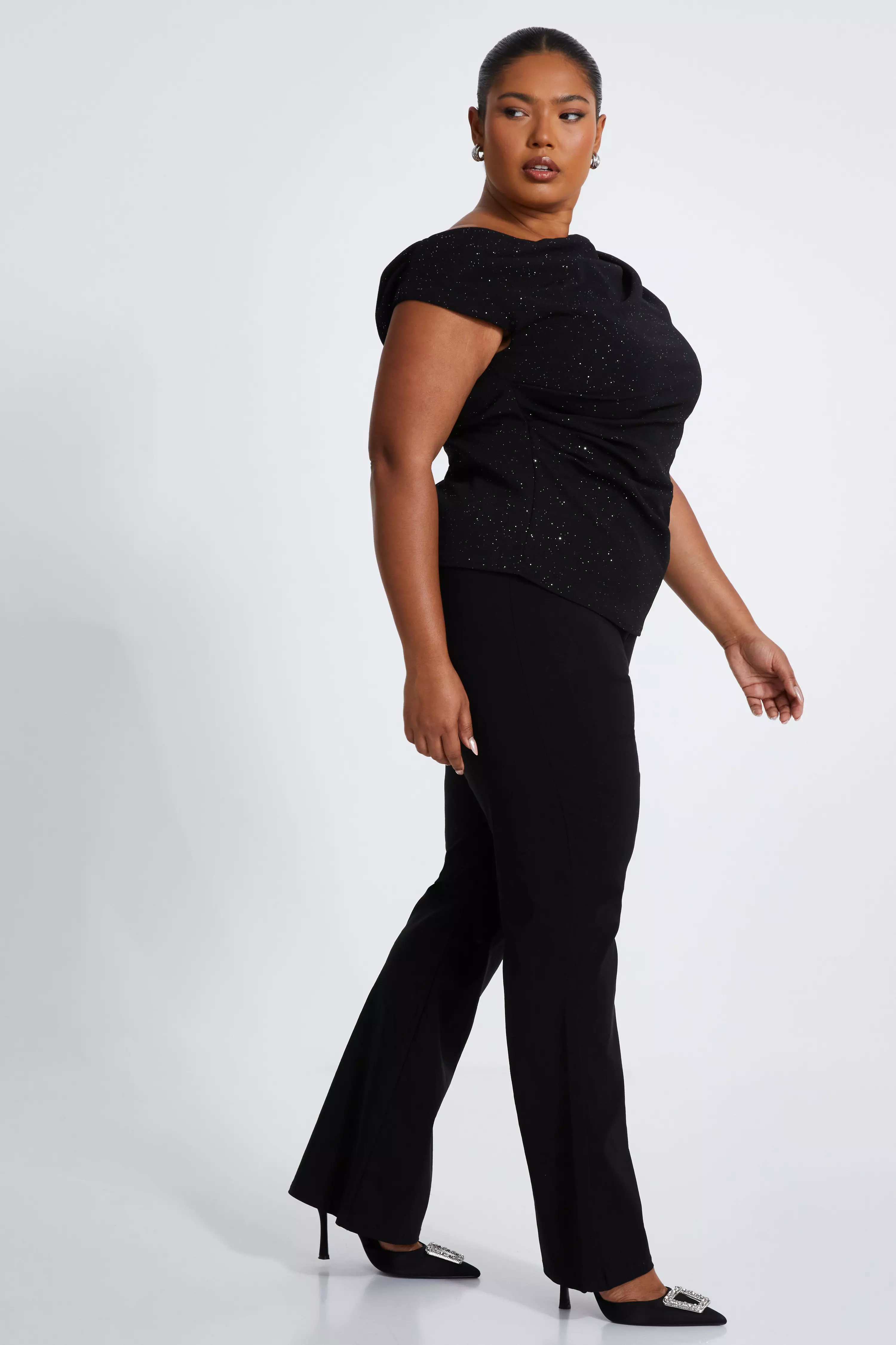 Curve Black Glitter Drape Neck Top