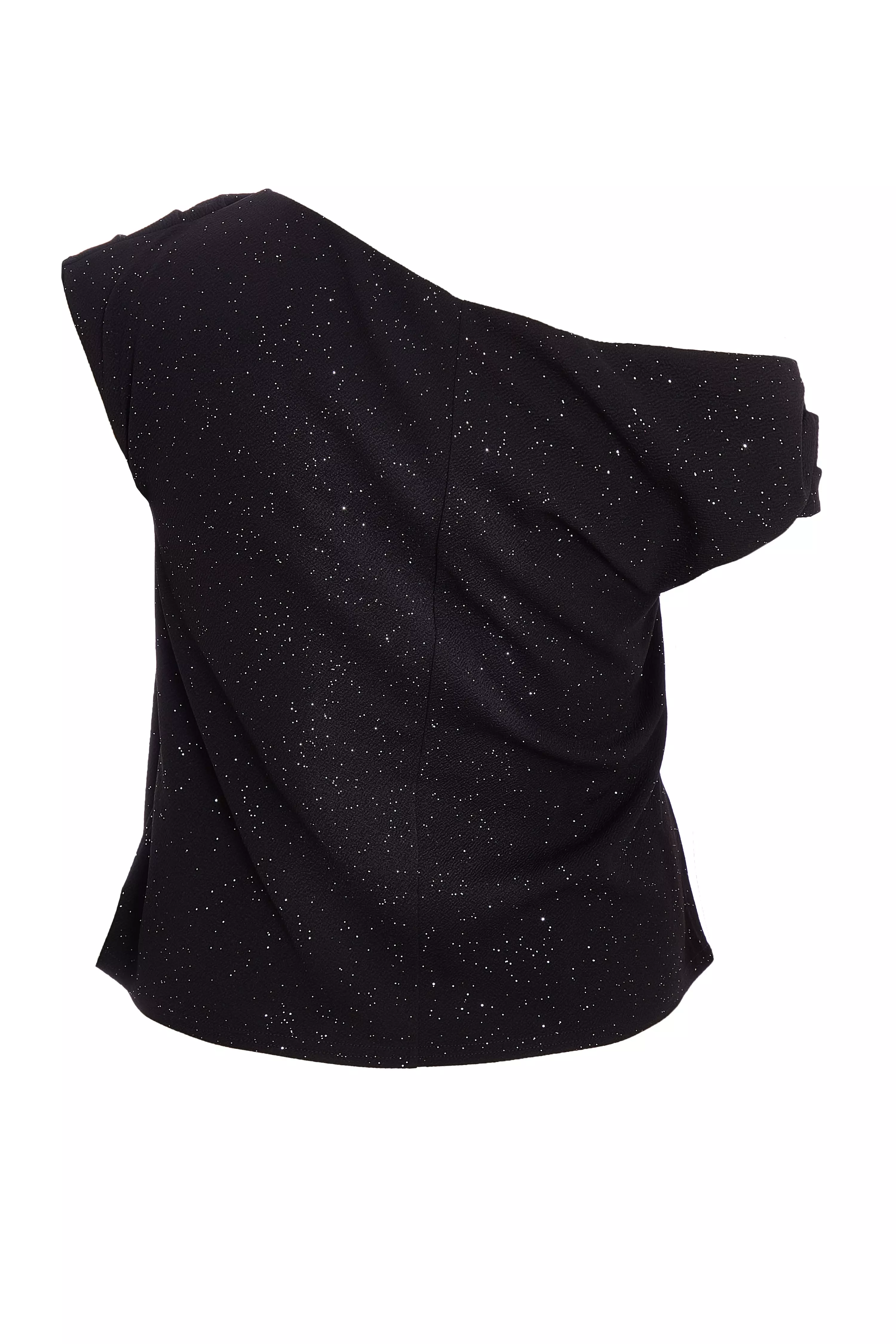 Curve Black Glitter Drape Neck Top