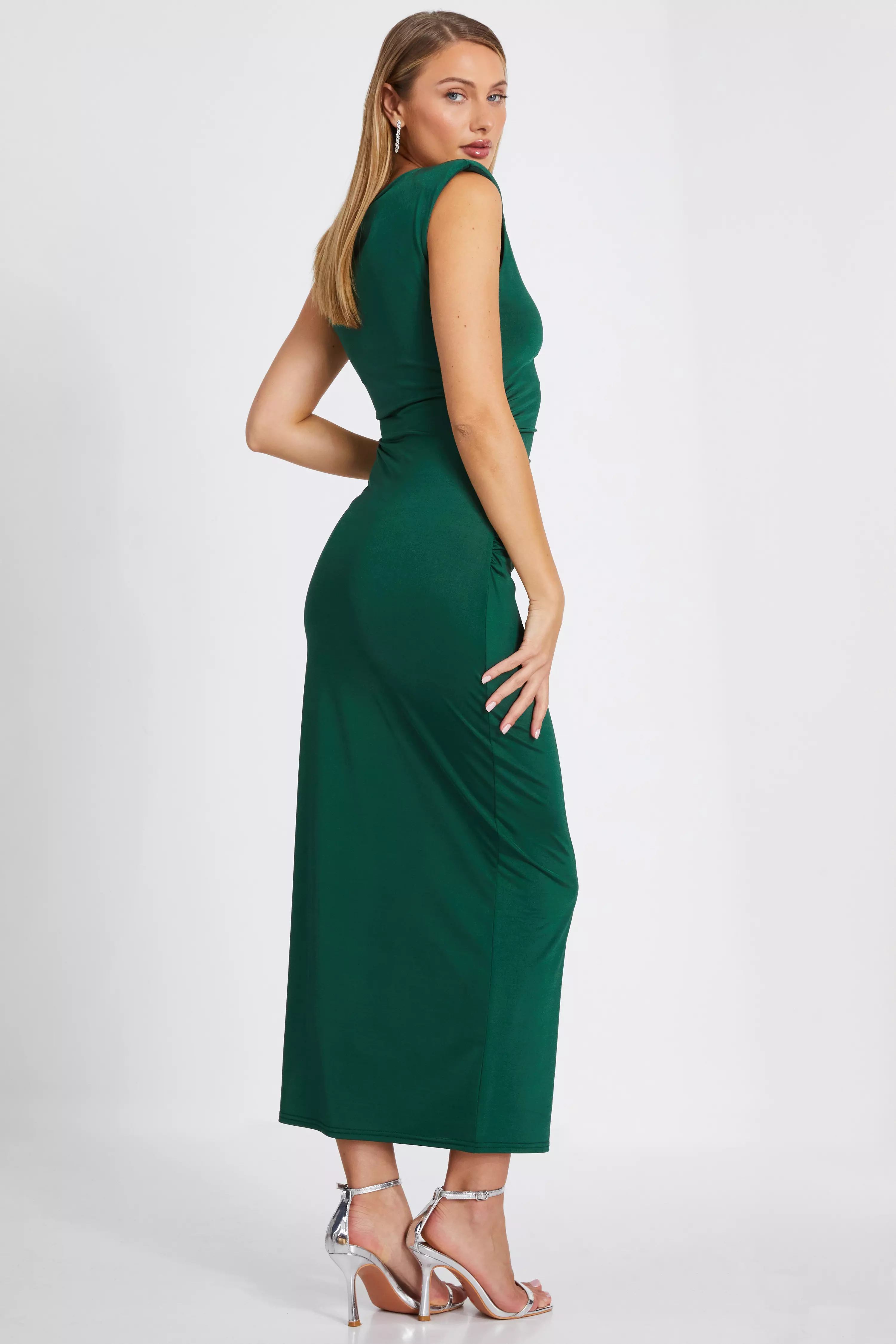 Bottle Green Shoulder Pad Midaxi Dress