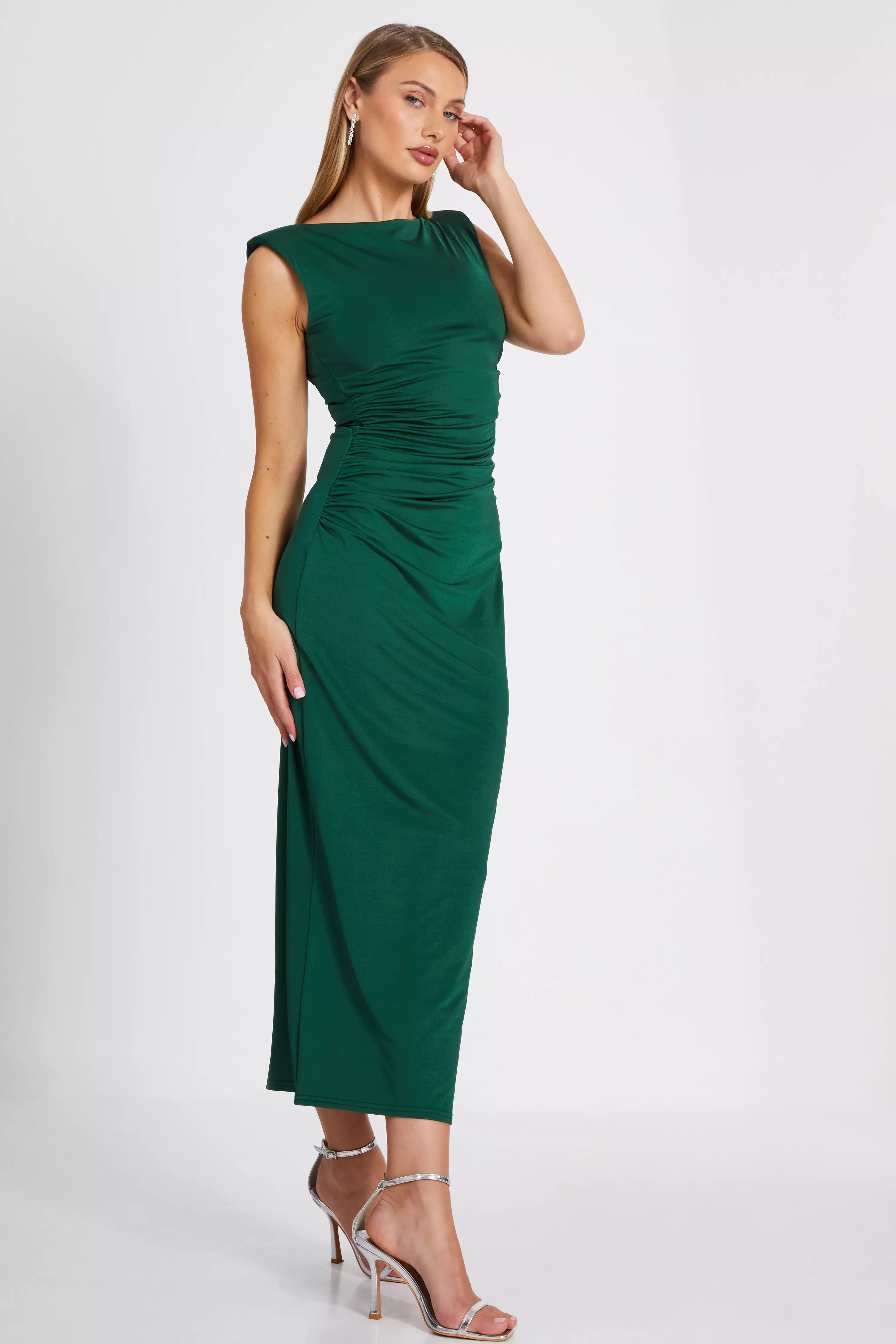 Bottle Green Shoulder Pad Midaxi Dress