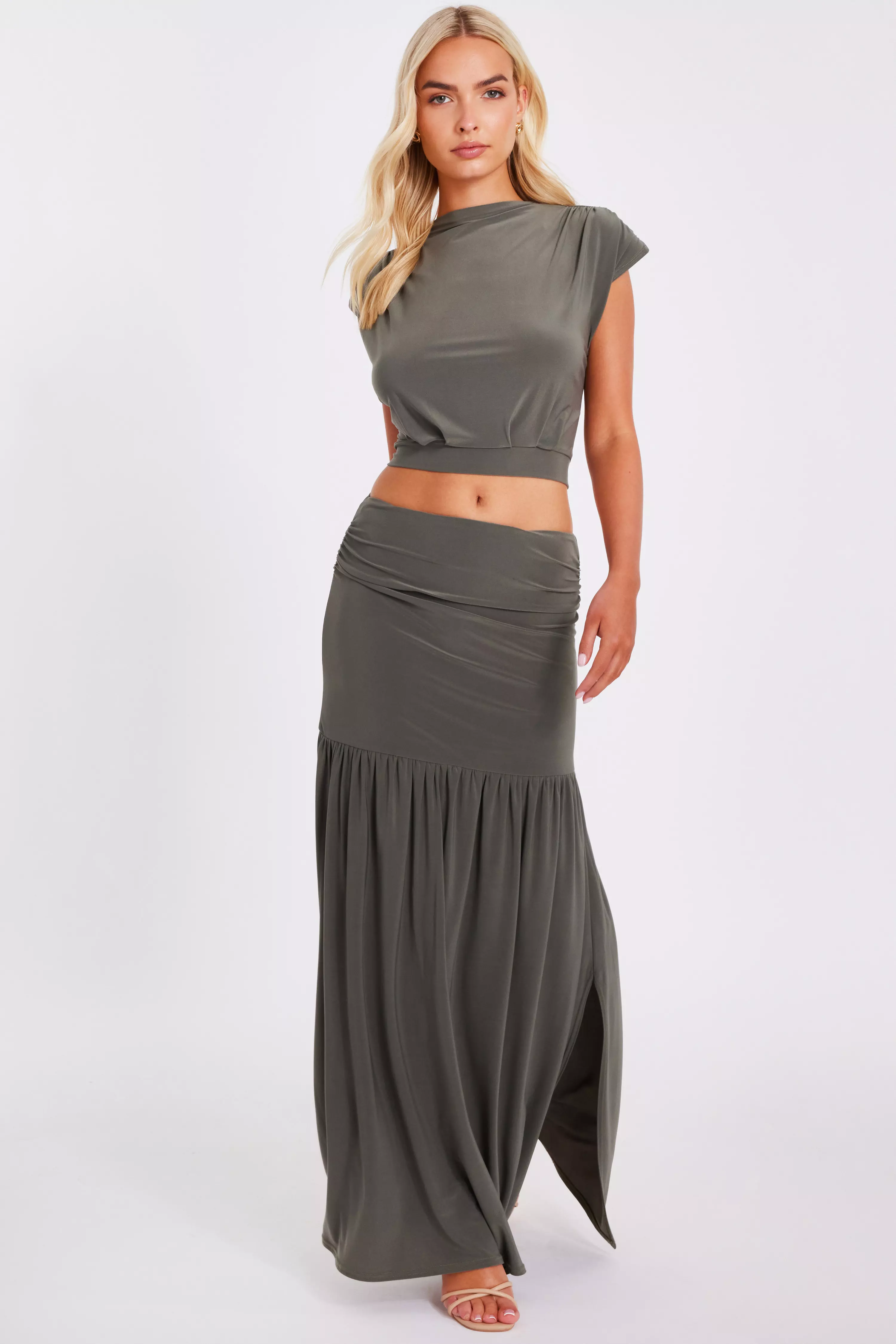 Khaki Drop Waist Midaxi Skirt