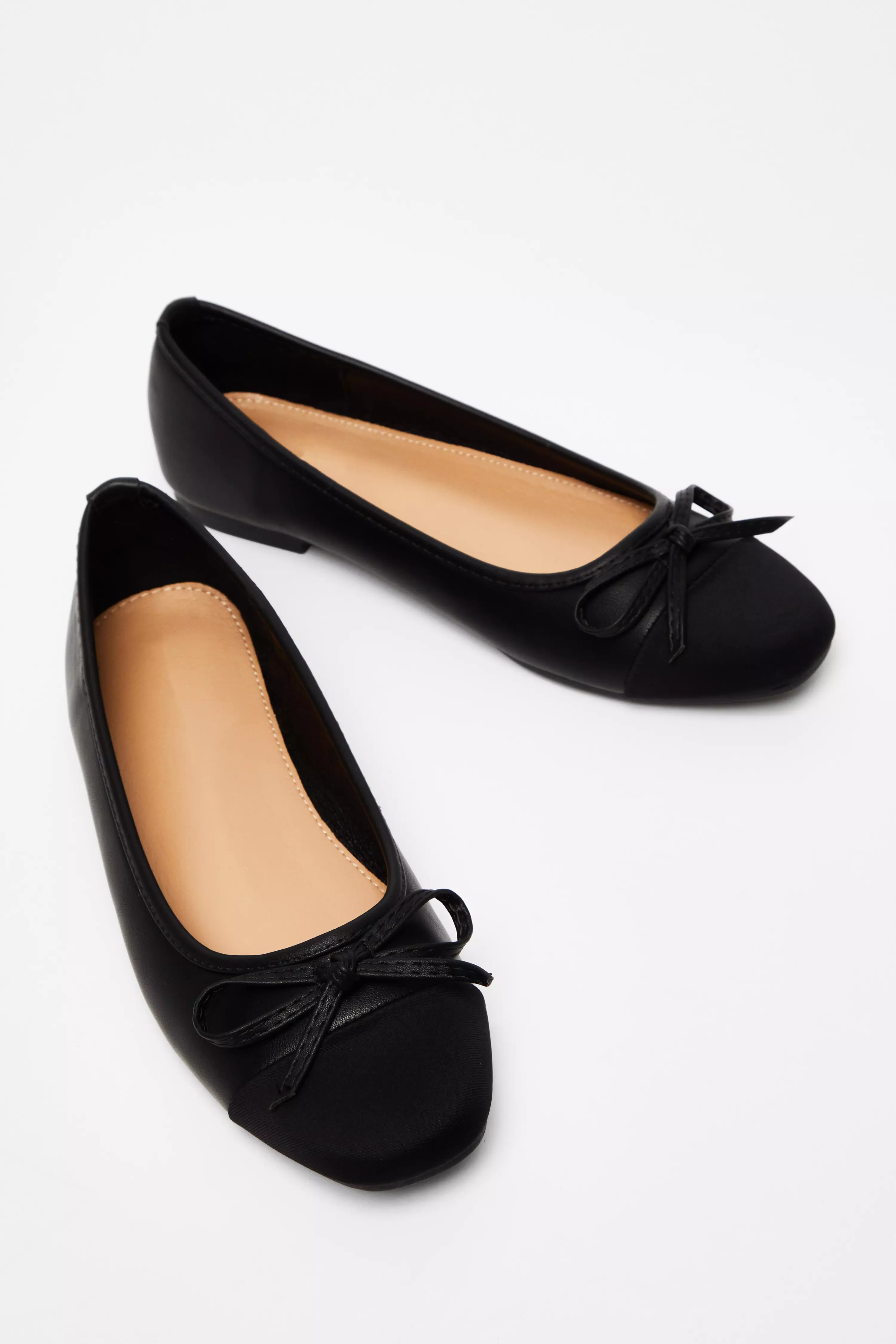 Black Faux Leather Bow Flat Pumps