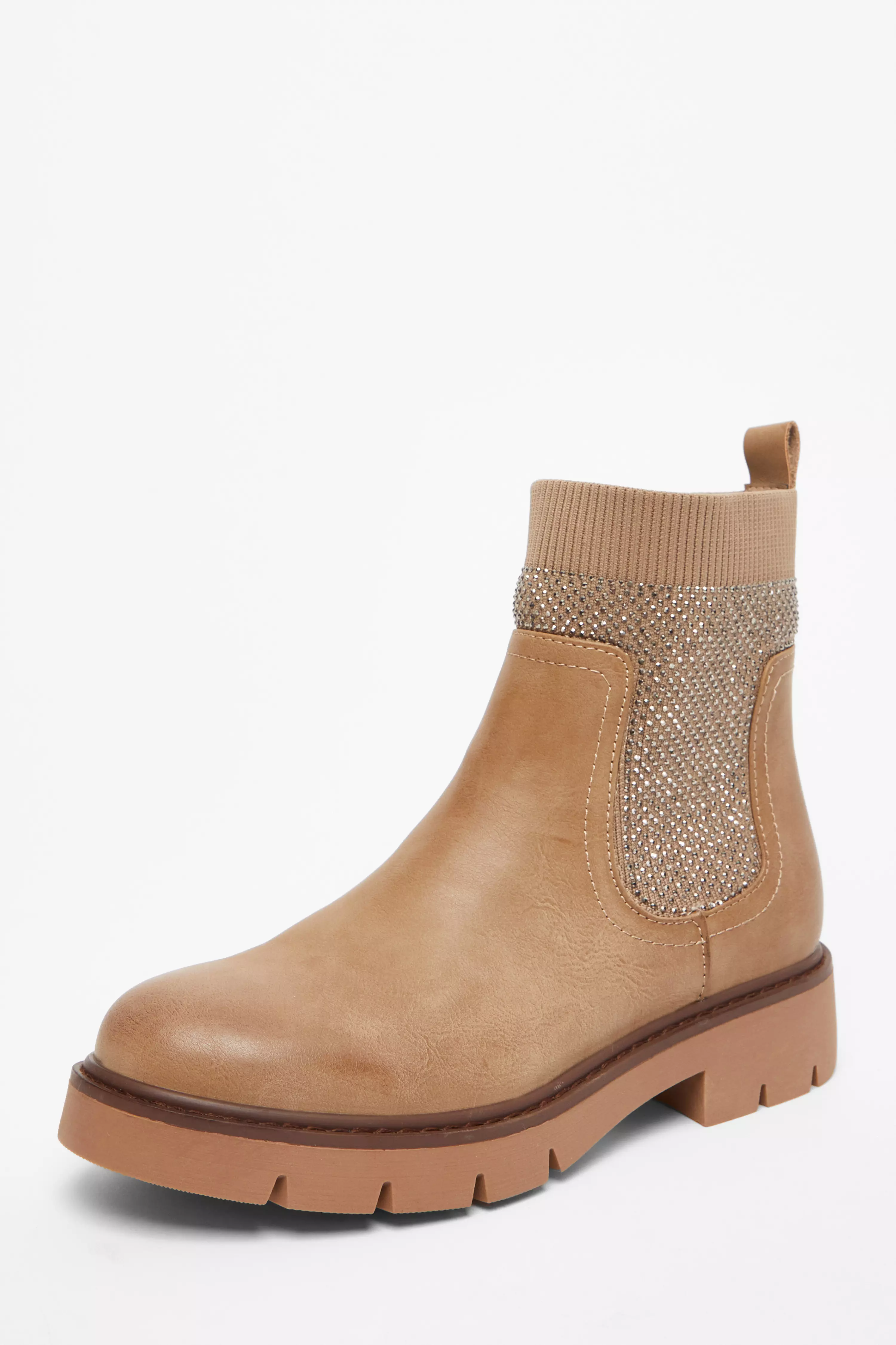 Taupe Embellished Chunky Ankle Boots