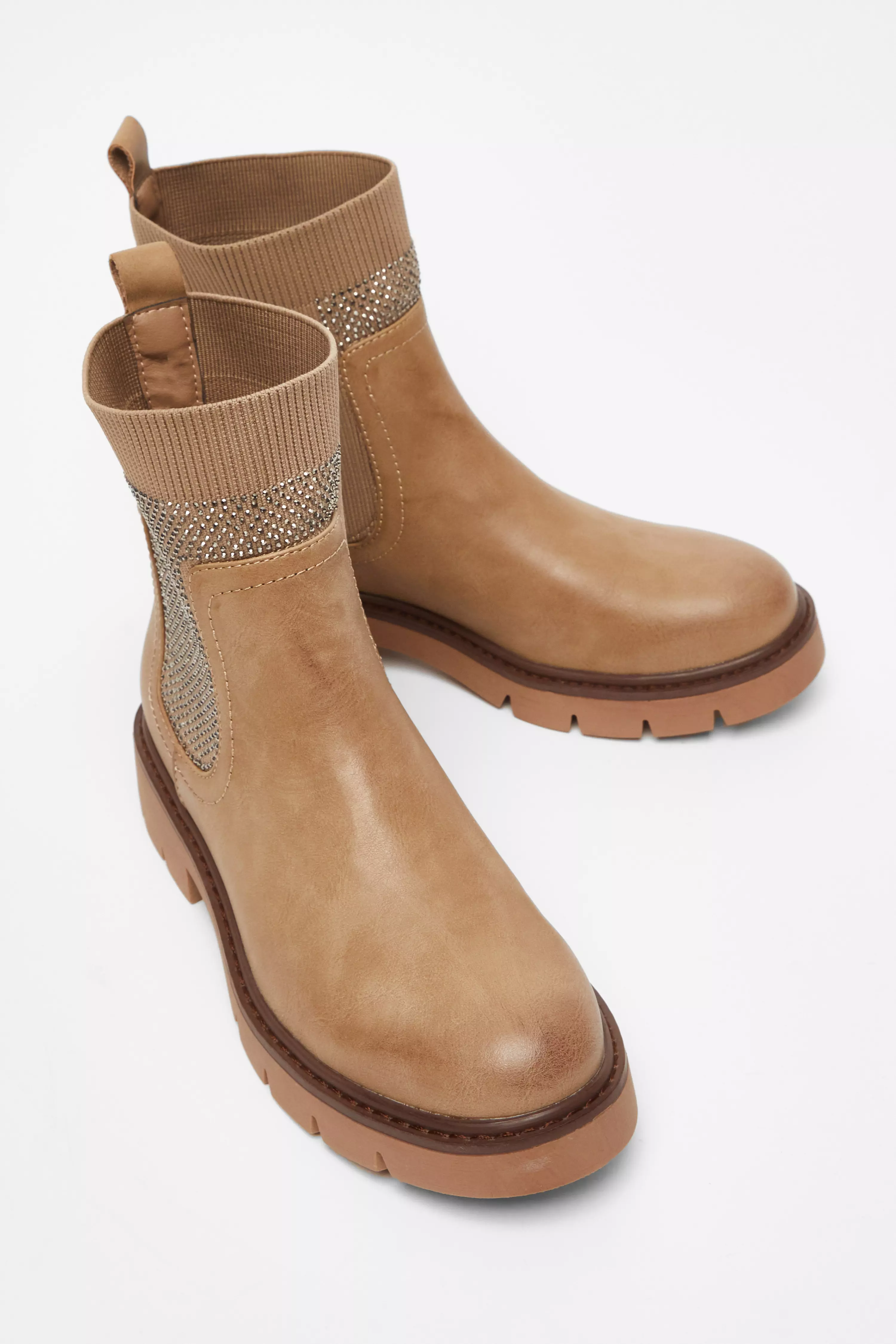 Taupe Embellished Chunky Ankle Boots