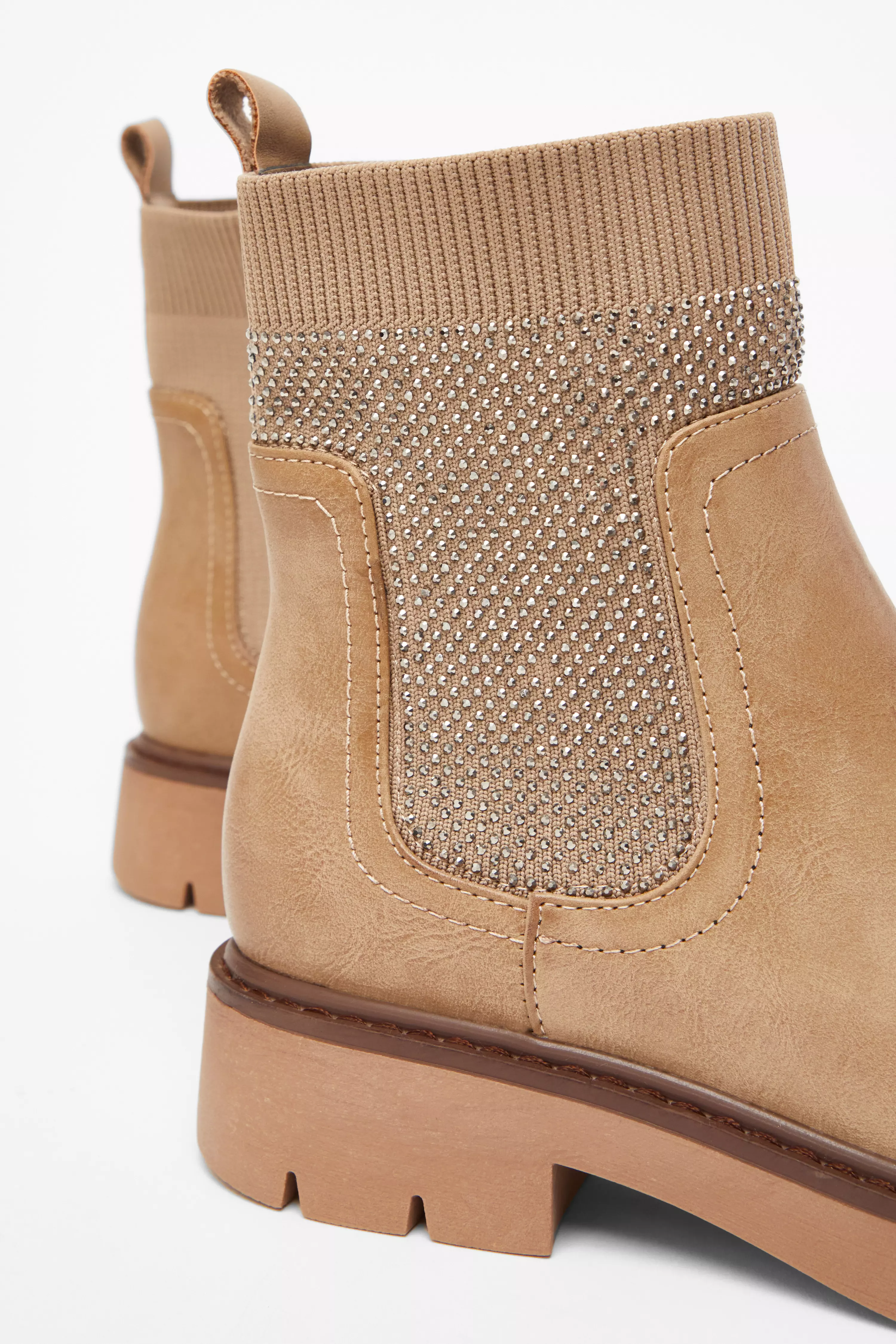 Taupe Embellished Chunky Ankle Boots