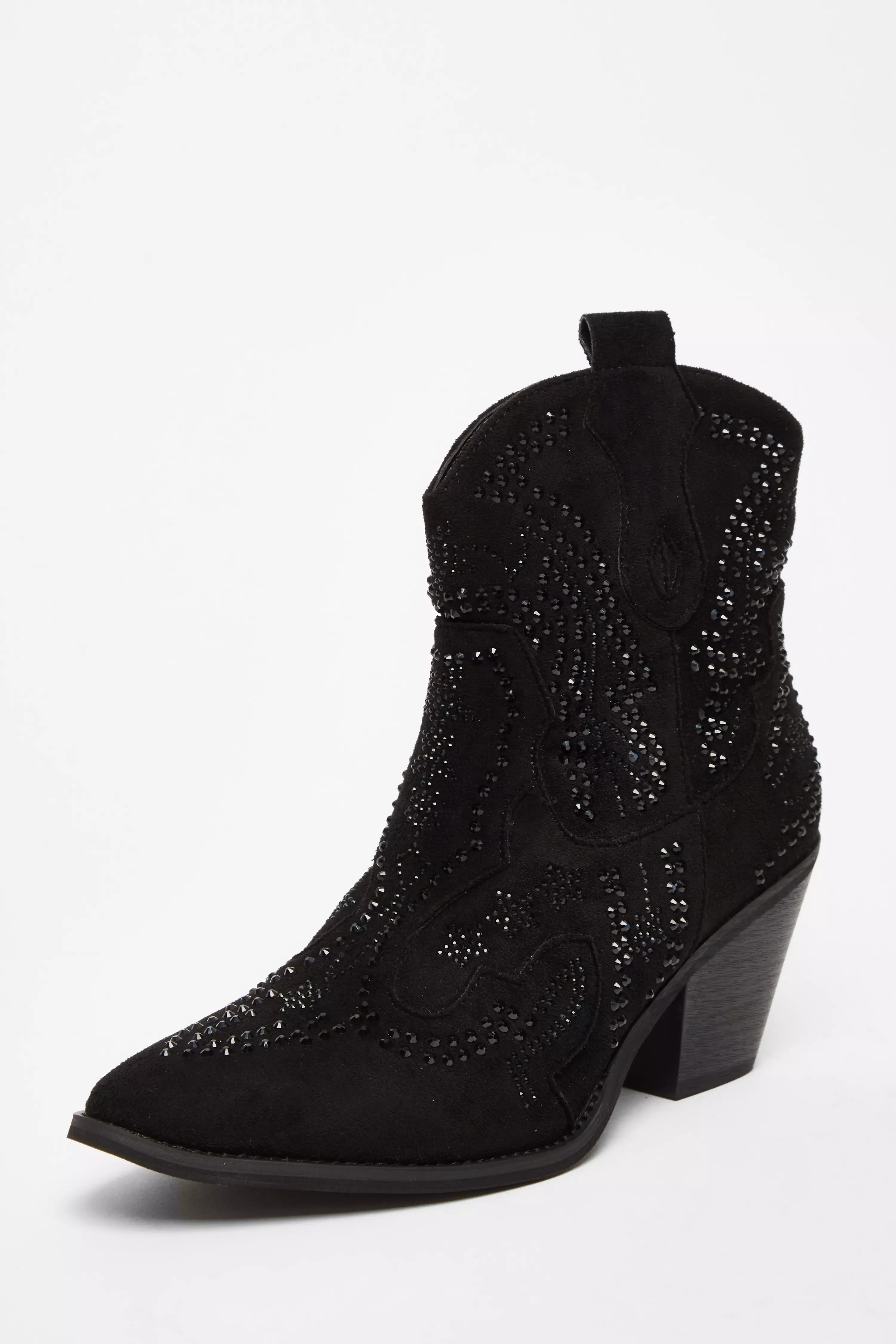 Black Diamante Western Ankle Boots