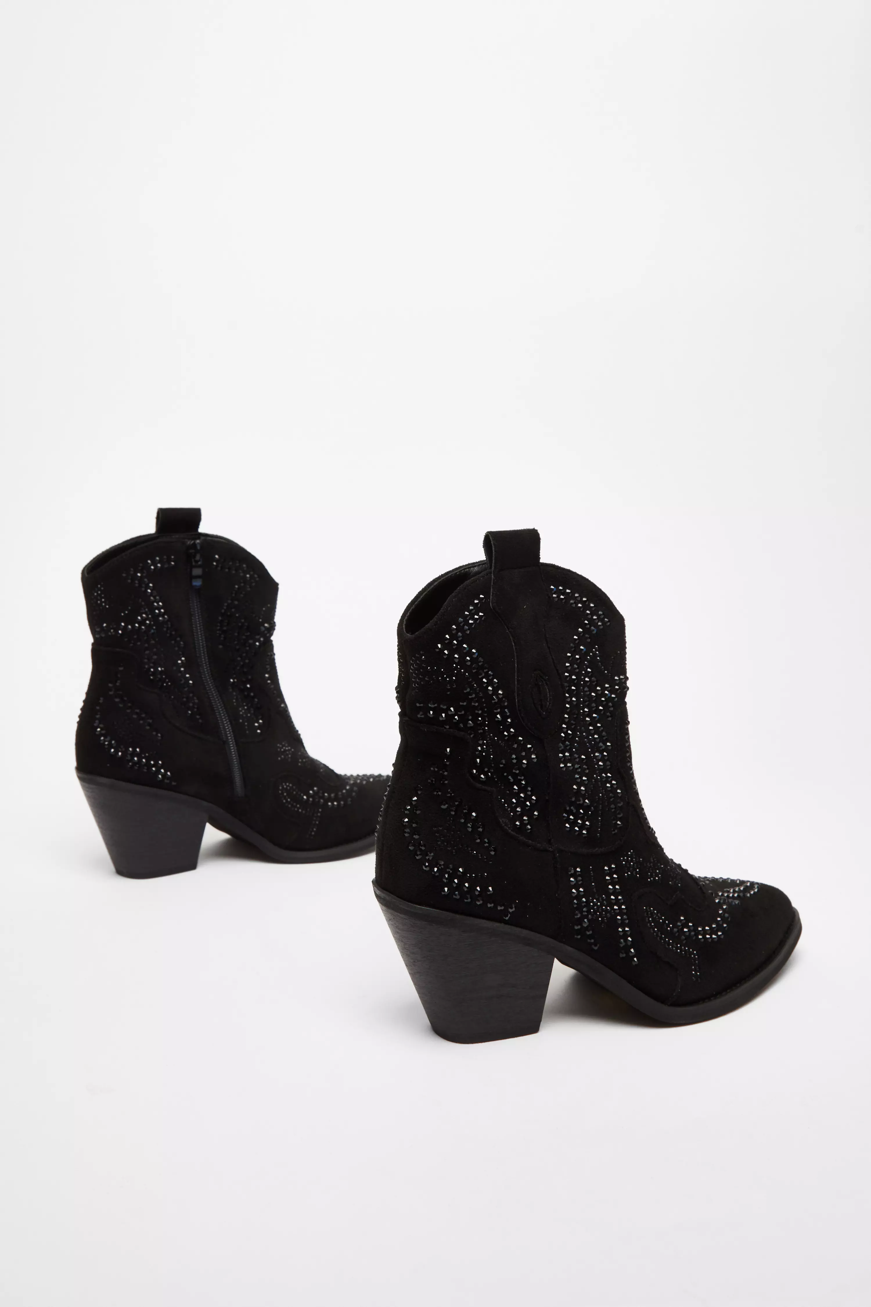 Black Diamante Western Ankle Boots