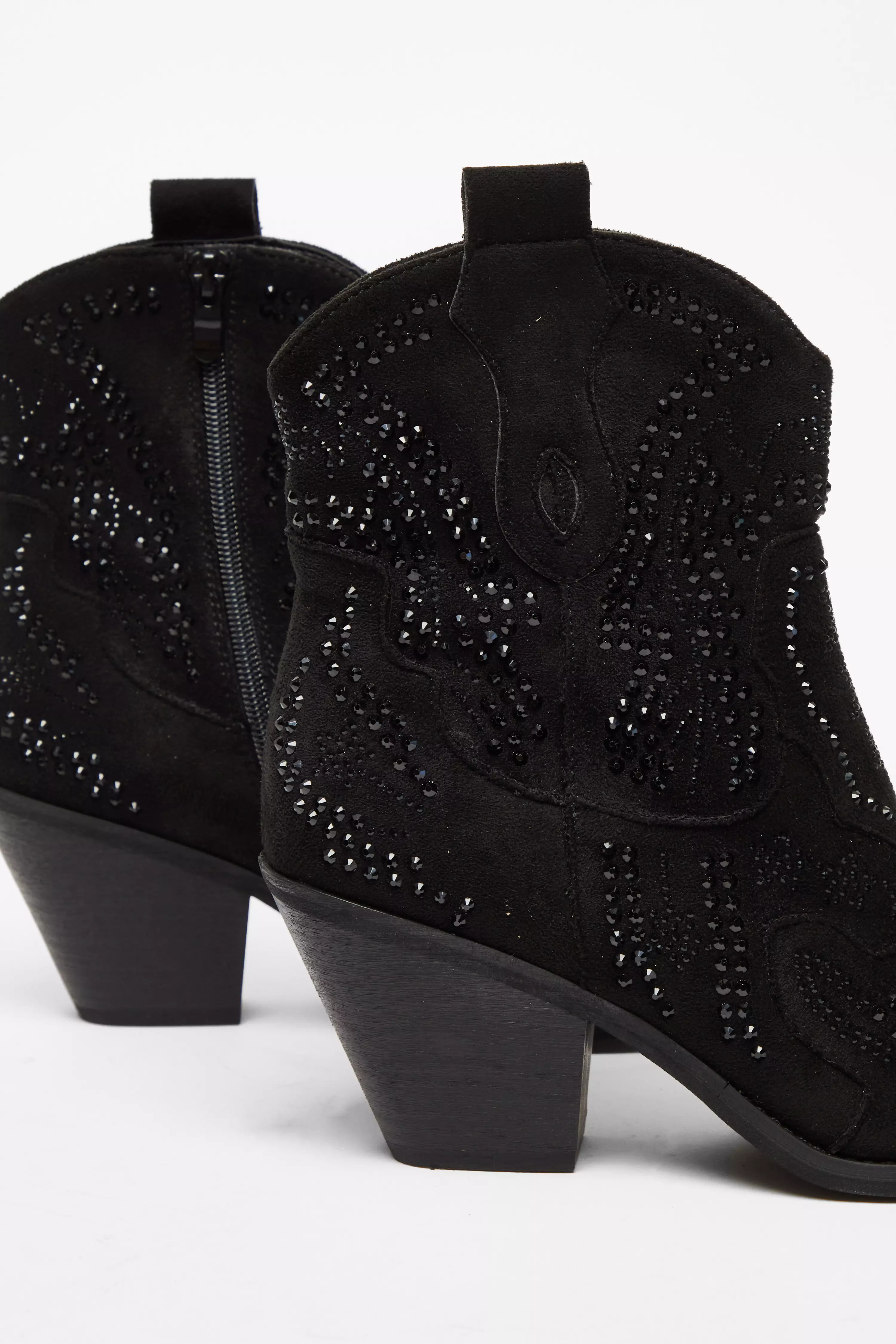 Black Diamante Western Ankle Boots