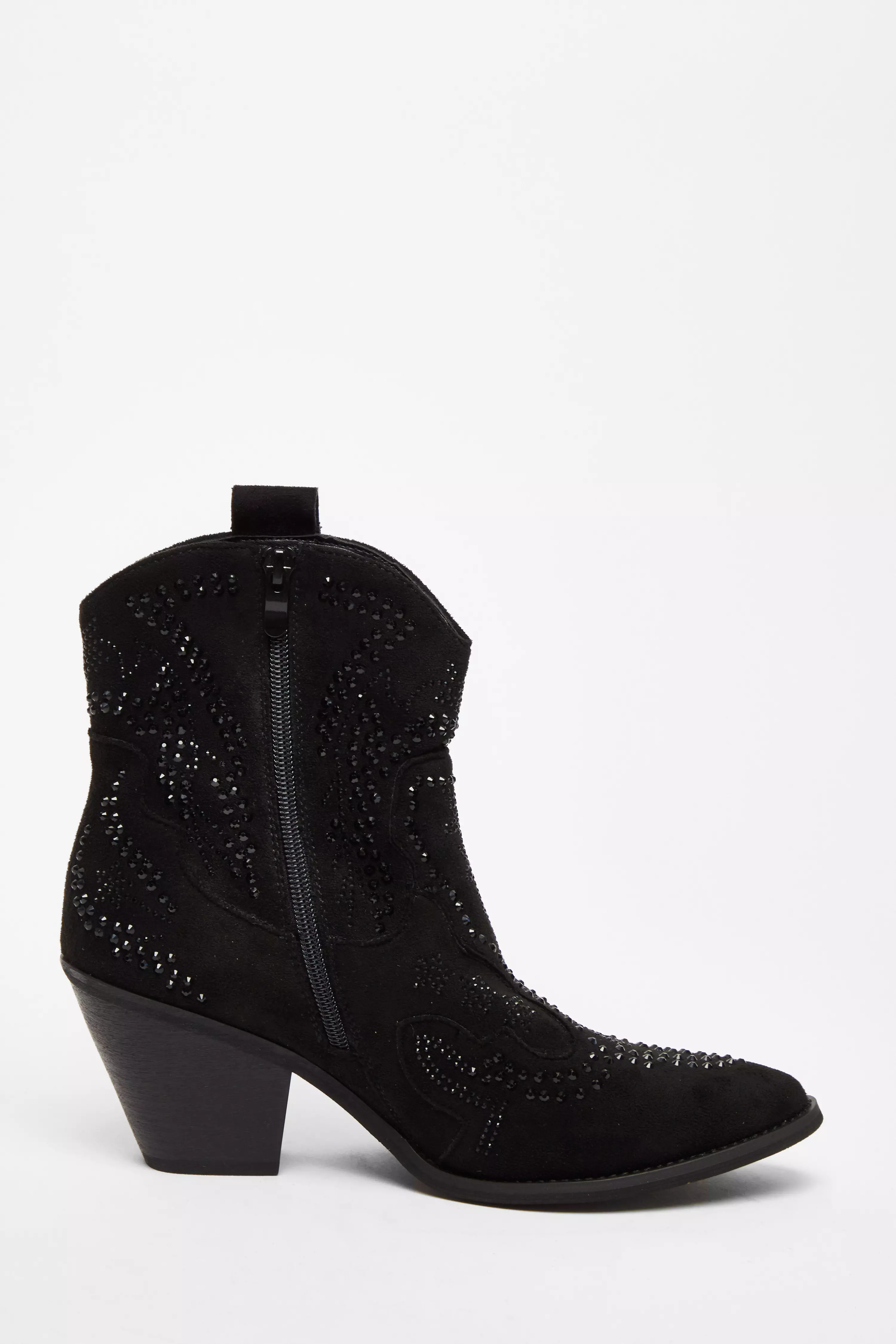 Black Diamante Western Ankle Boots