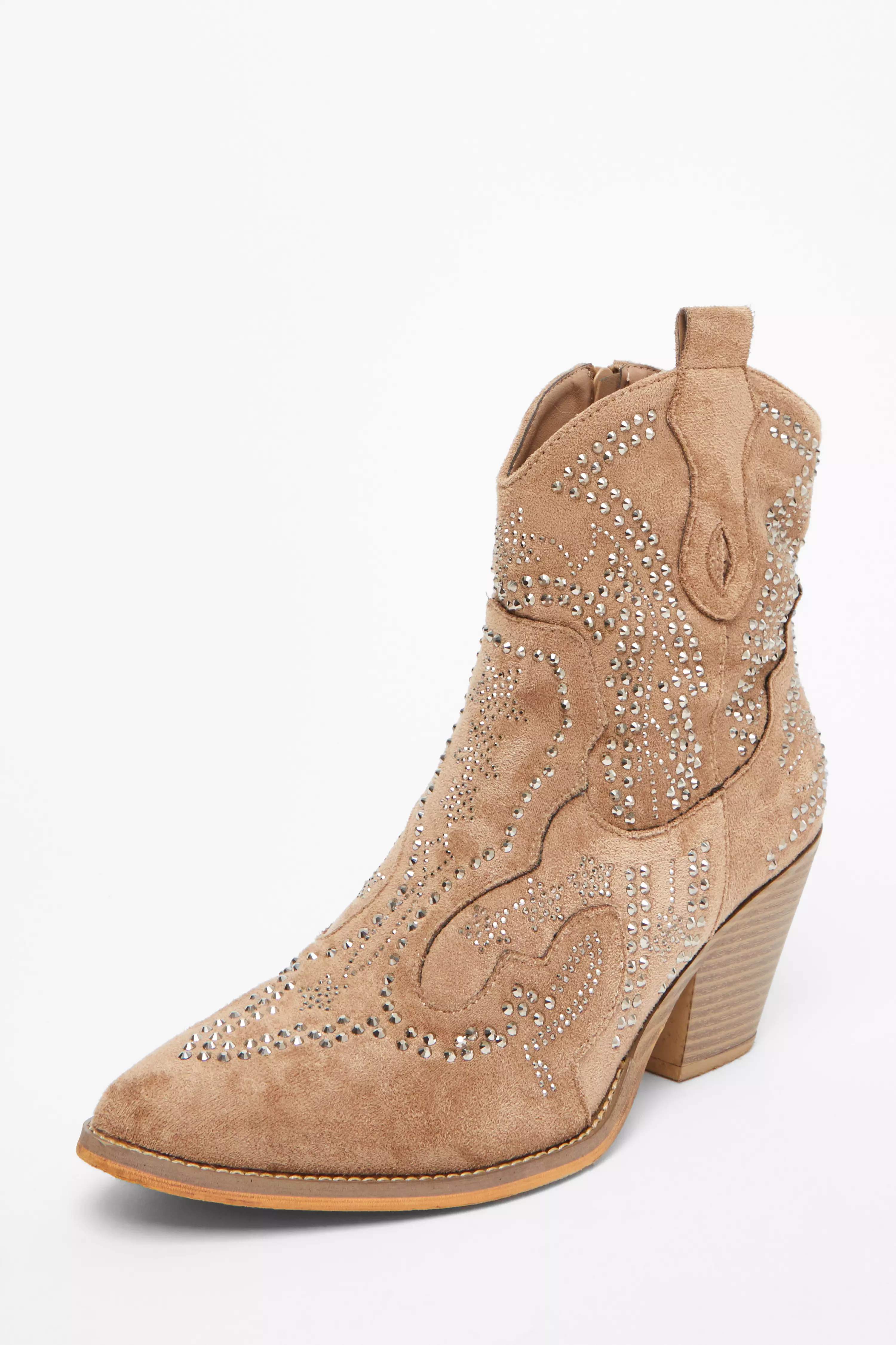 Taupe Embellished Western Ankle Boots