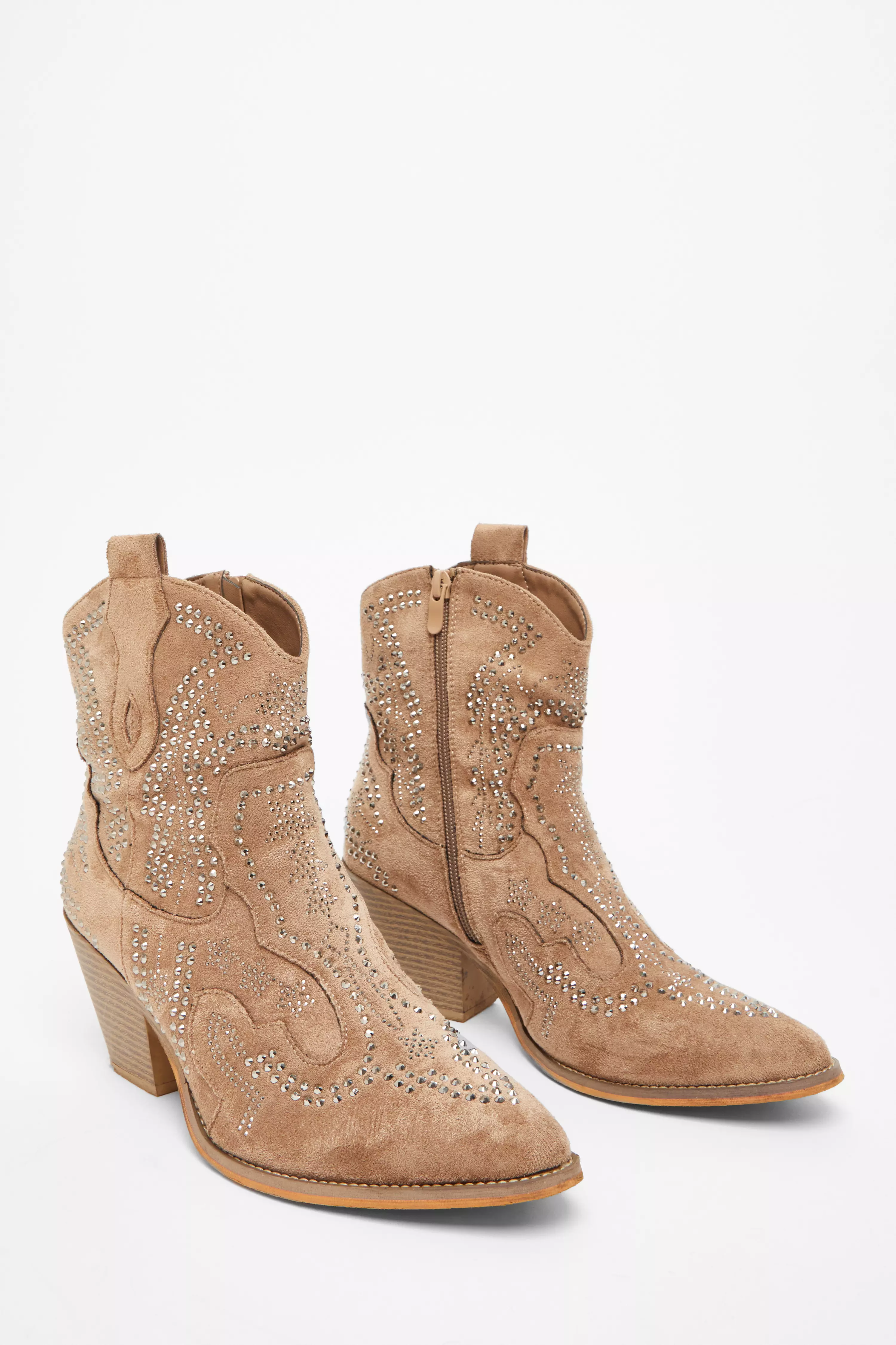 Taupe Embellished Western Ankle Boots