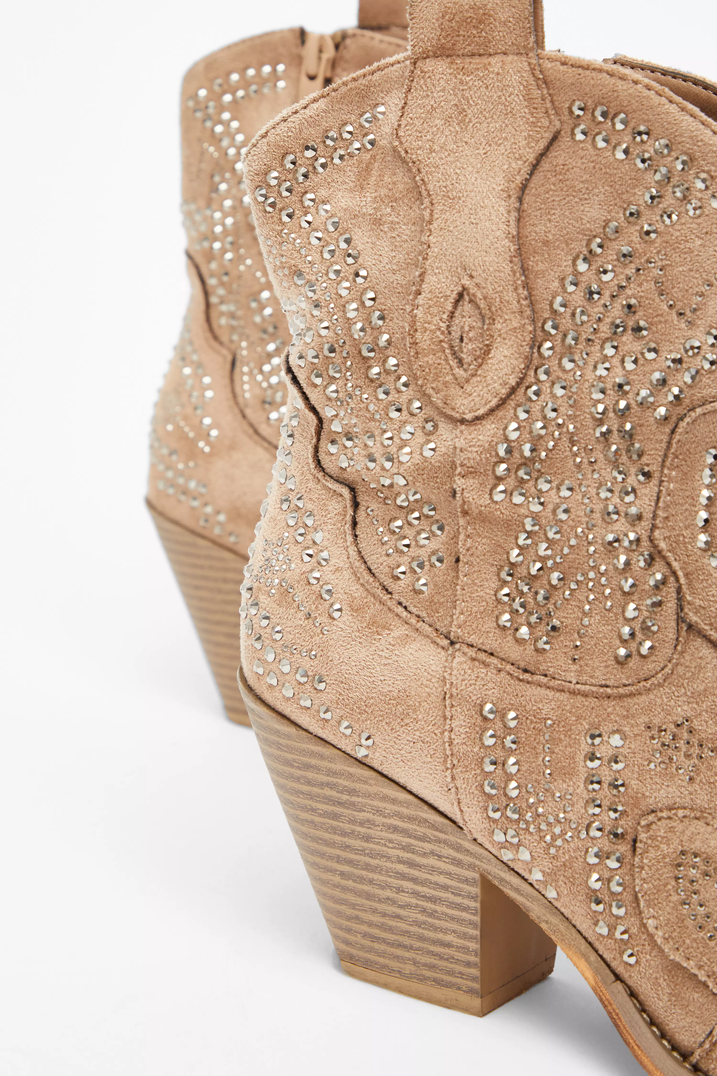 Taupe Embellished Western Ankle Boots